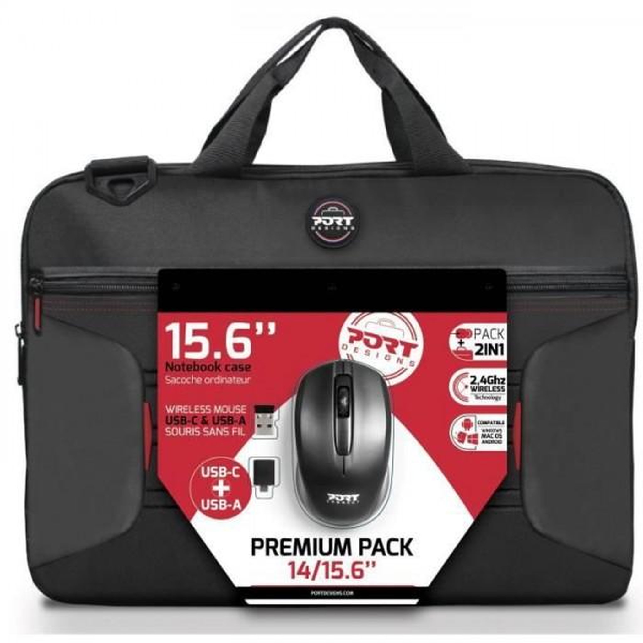 PORT DESIGNS Premium Pack Sacoche PC + Souris sans fil + Dungle USB & Adaptateur Type C - 15,6 - PORT DESIGNS
