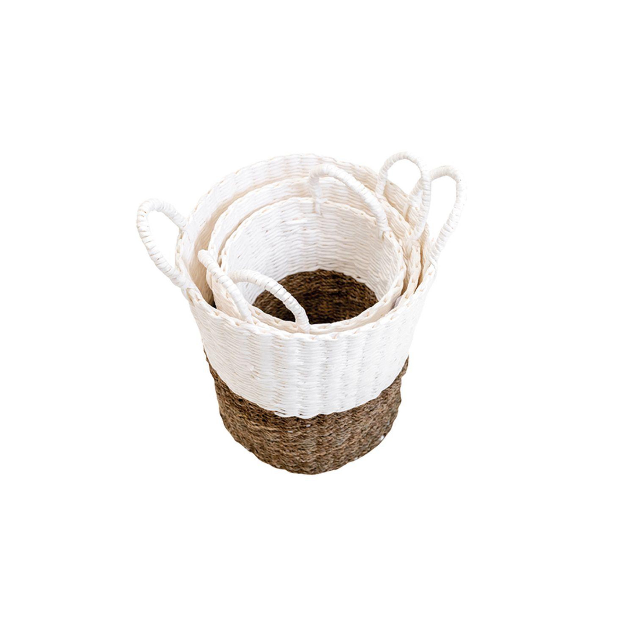 Voir la diapositive 3 : KB8 Lot de 3 paniers bicolores en jonc et papier tressés - beige et blanc