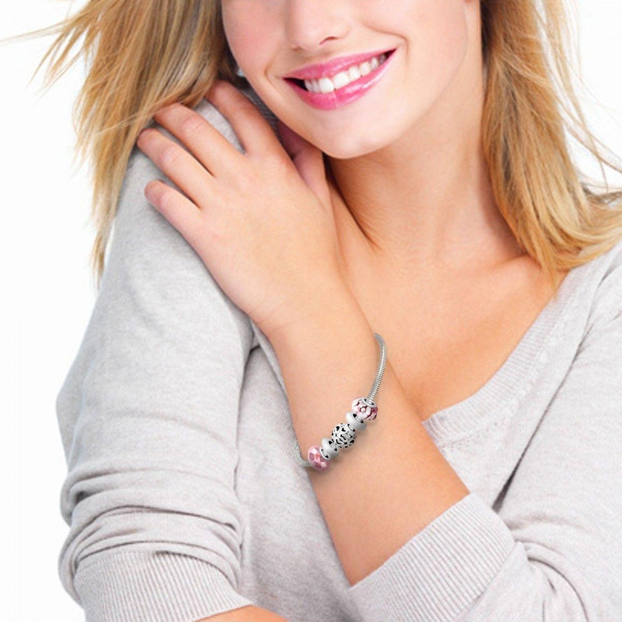 Voir la diapositive 2 : SC CRYSTAL Bracelet de charms perles roses et acier SC Crystal