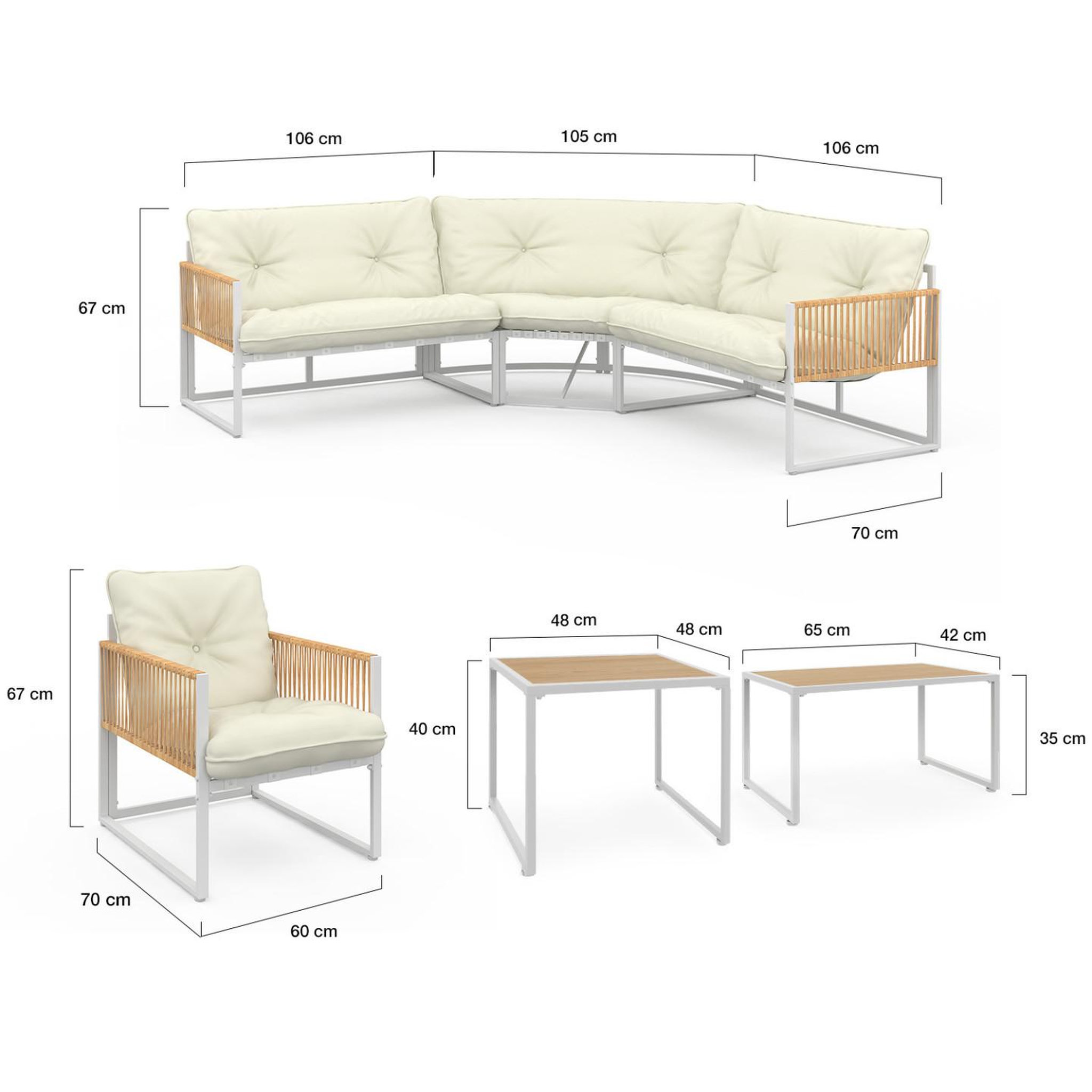 Voir la diapositive 6 : ID MARKET Salon de jardin bas rio 8 places salon d'angle structure métal blanc et cordage effet rotin avec coussins beiges