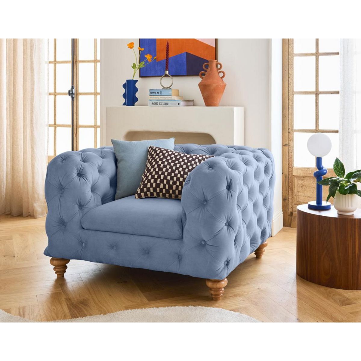 LISA DESIGN Walter - fauteuil chesterfield en velours - pieds bois