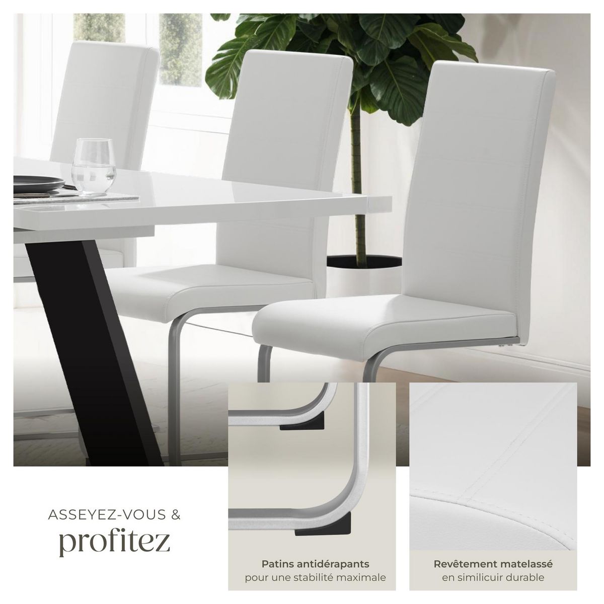 tectake Ensemble de chaises de salle à manger rembourré avec revêtement aspect cuir blanc Lot de 4