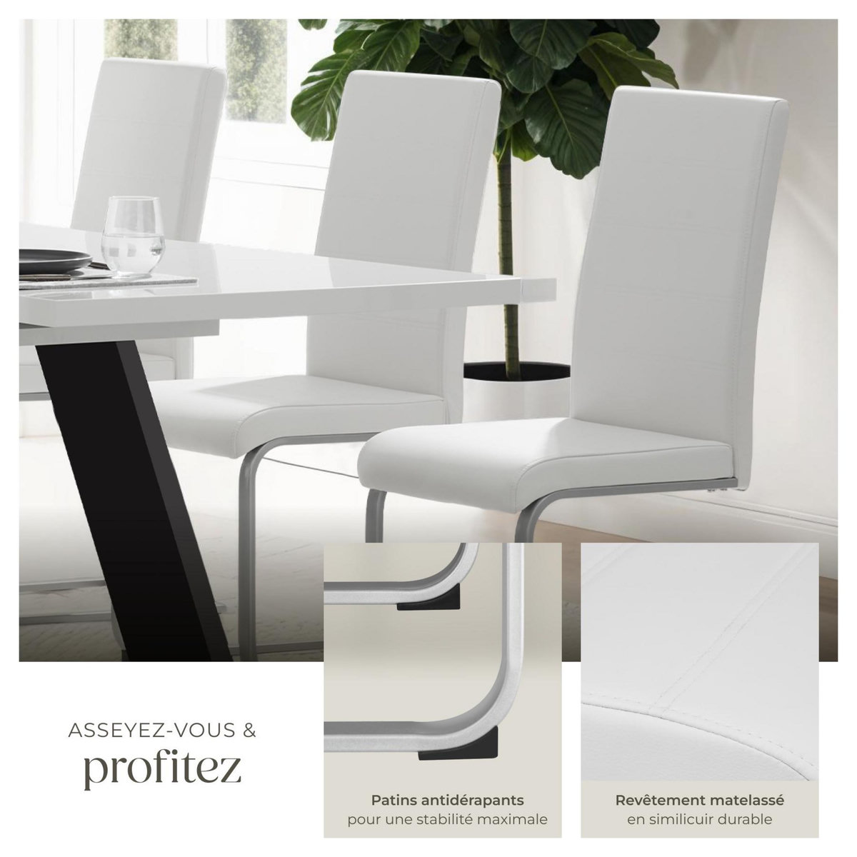 tectake Ensemble de chaises de salle à manger rembourré avec revêtement aspect cuir blanc Lot de 4