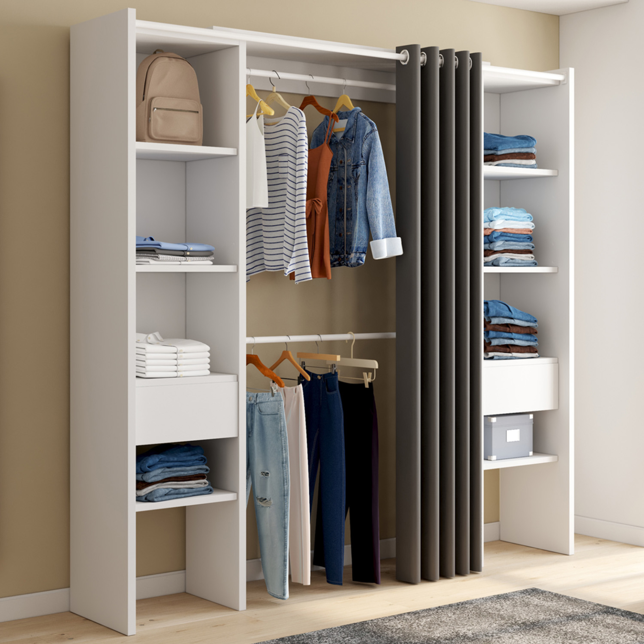 Voir la diapositive 2 : ID MARKET Dressing extensible double meryl 120/180 x 50 x 180 cm blanc avec étagères + double penderie + rideau gris