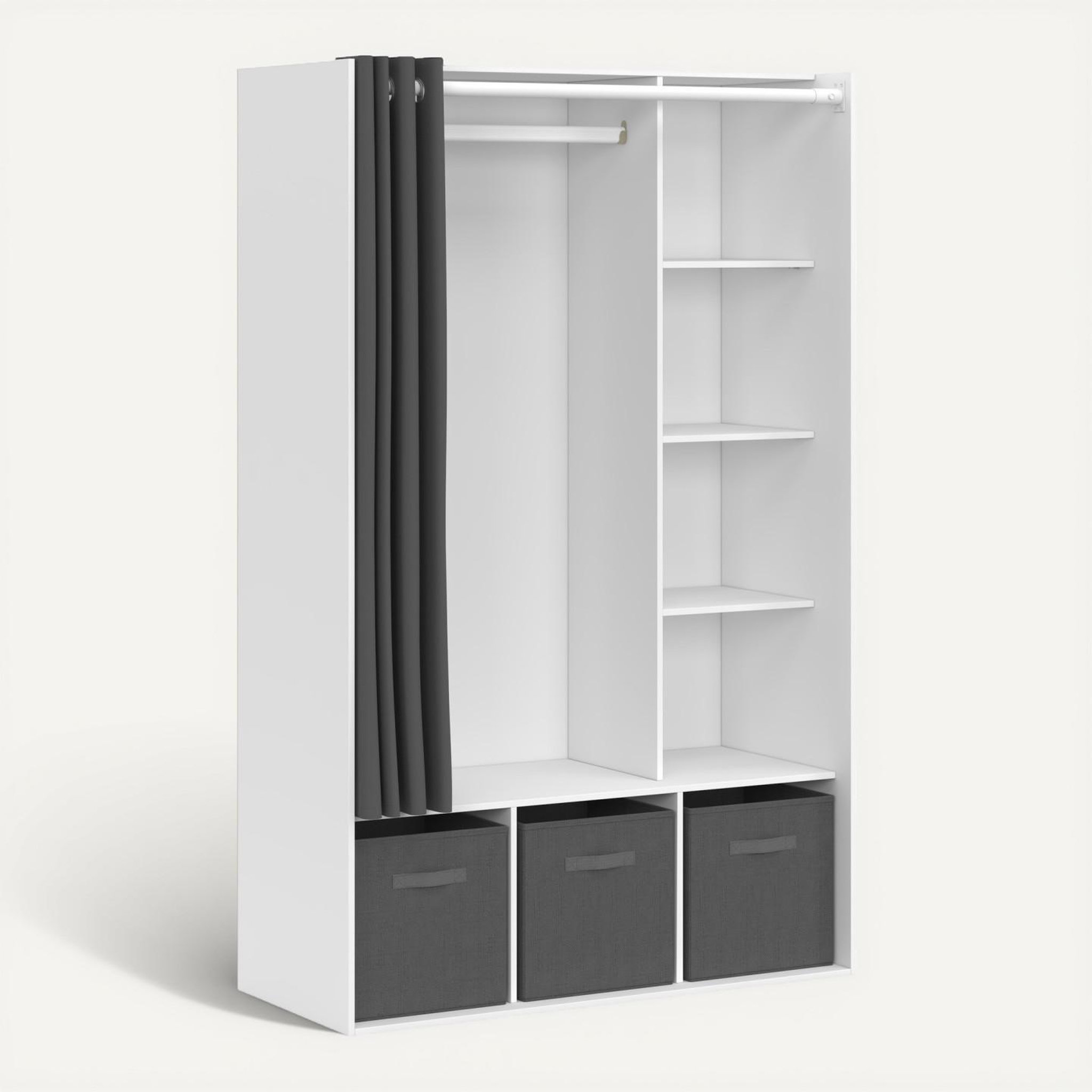 Voir la diapositive 6 : ID MARKET Dressing penderie diane 105 x 45 x 167 cm blanc avec étagères + boites de rangement + rideau gris