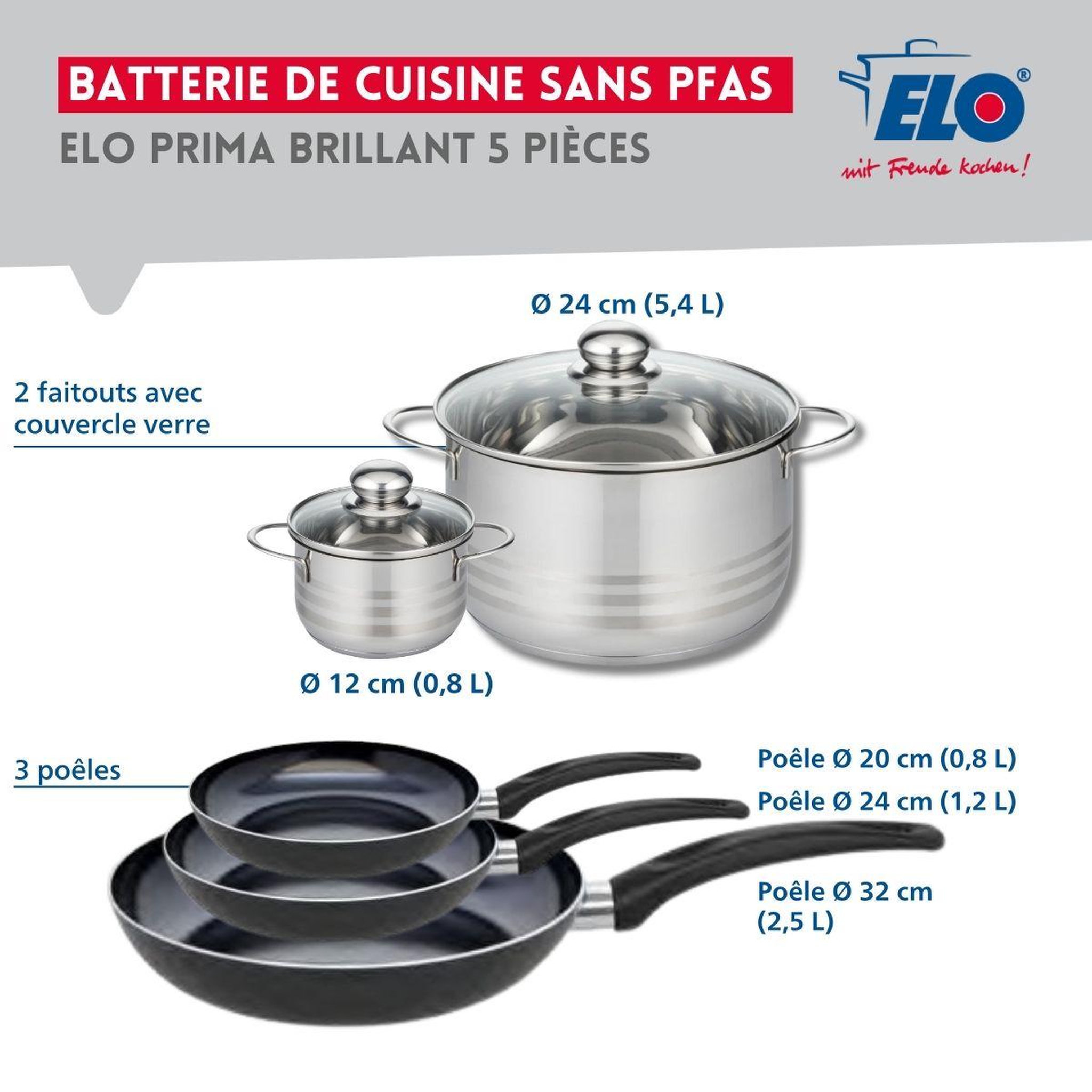 Voir la diapositive 2 : ELO Ensemble de 3 poêles de cuisson 20, 24 et 32 cm et 2 faitouts 12 et 24 cm elo prima brillant