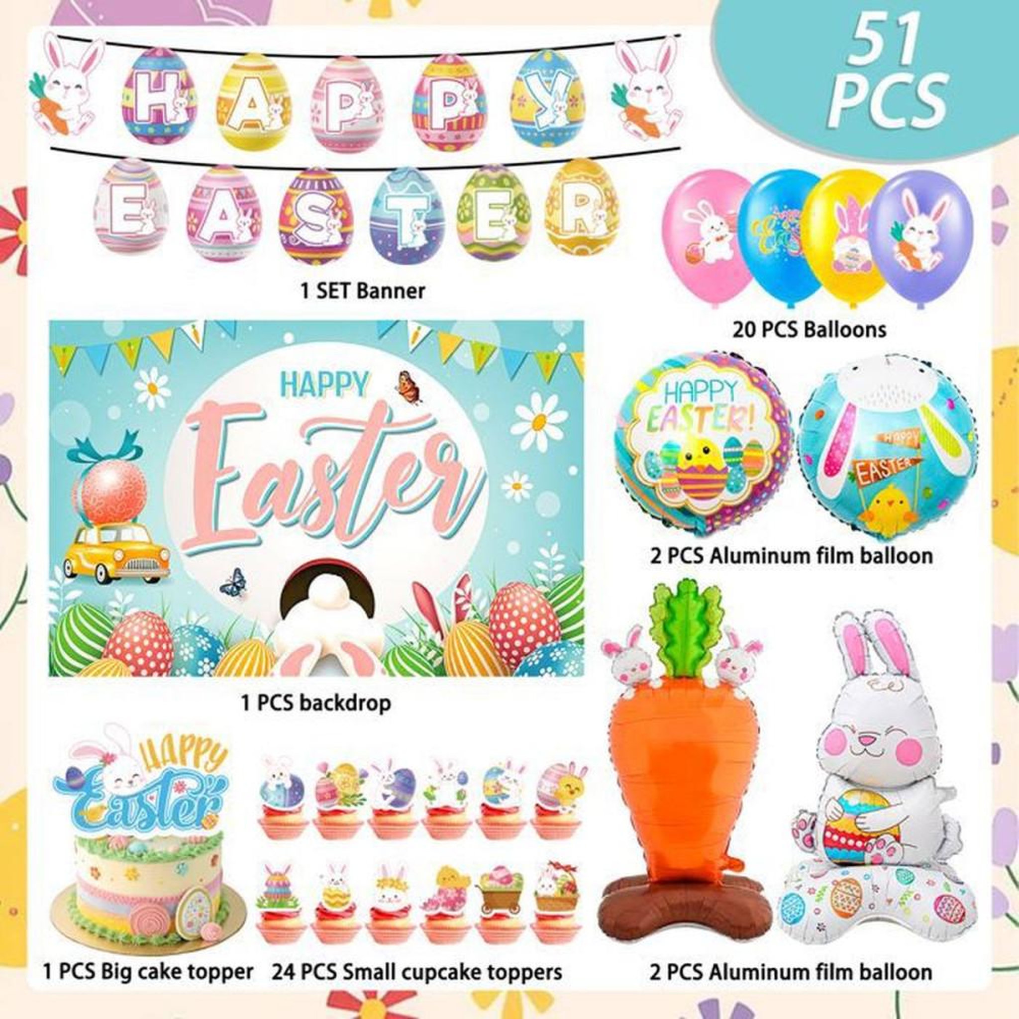 Voir la diapositive 2 : Kit décoration Pâques Lapin Happy Easter : banderole, décor de fond, 20 ballons multicolores ronds et 24 pics cupcakes