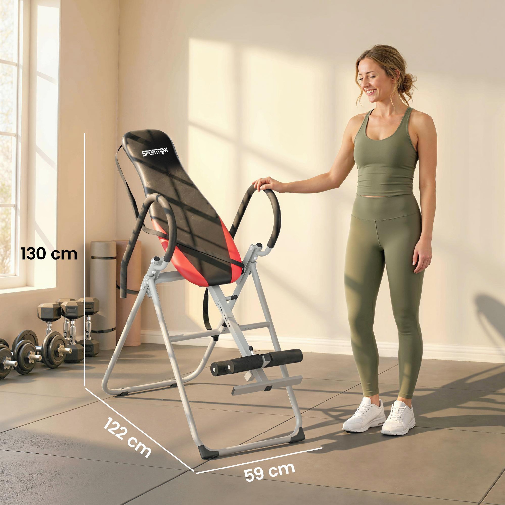 Voir la diapositive 3 : HOMCOM Table d'inversion pliable réglable - option 90 degrés - ceinture sécurité - gris rouge noir