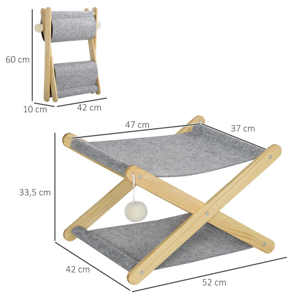 PAWHUT Lit pliable pour chat - hamac chat 2 niveaux - jeu 2 boules suspendues - bois de pin feutre gris