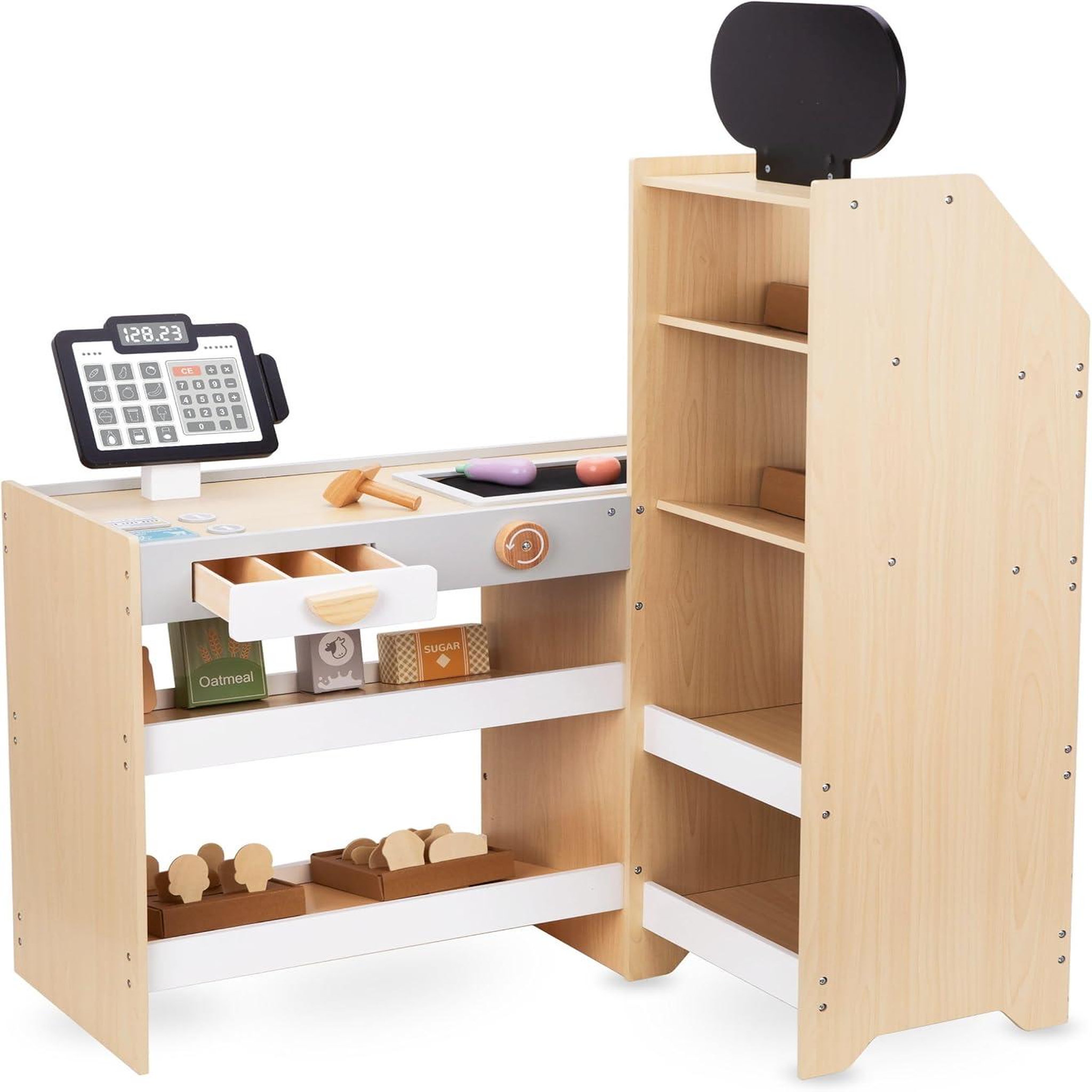 Voir la diapositive 6 : MAMABRUM Marchande en Bois Stand de Jeu Éducatif pour Enfants avec Accessoires, Fruits & Légumes