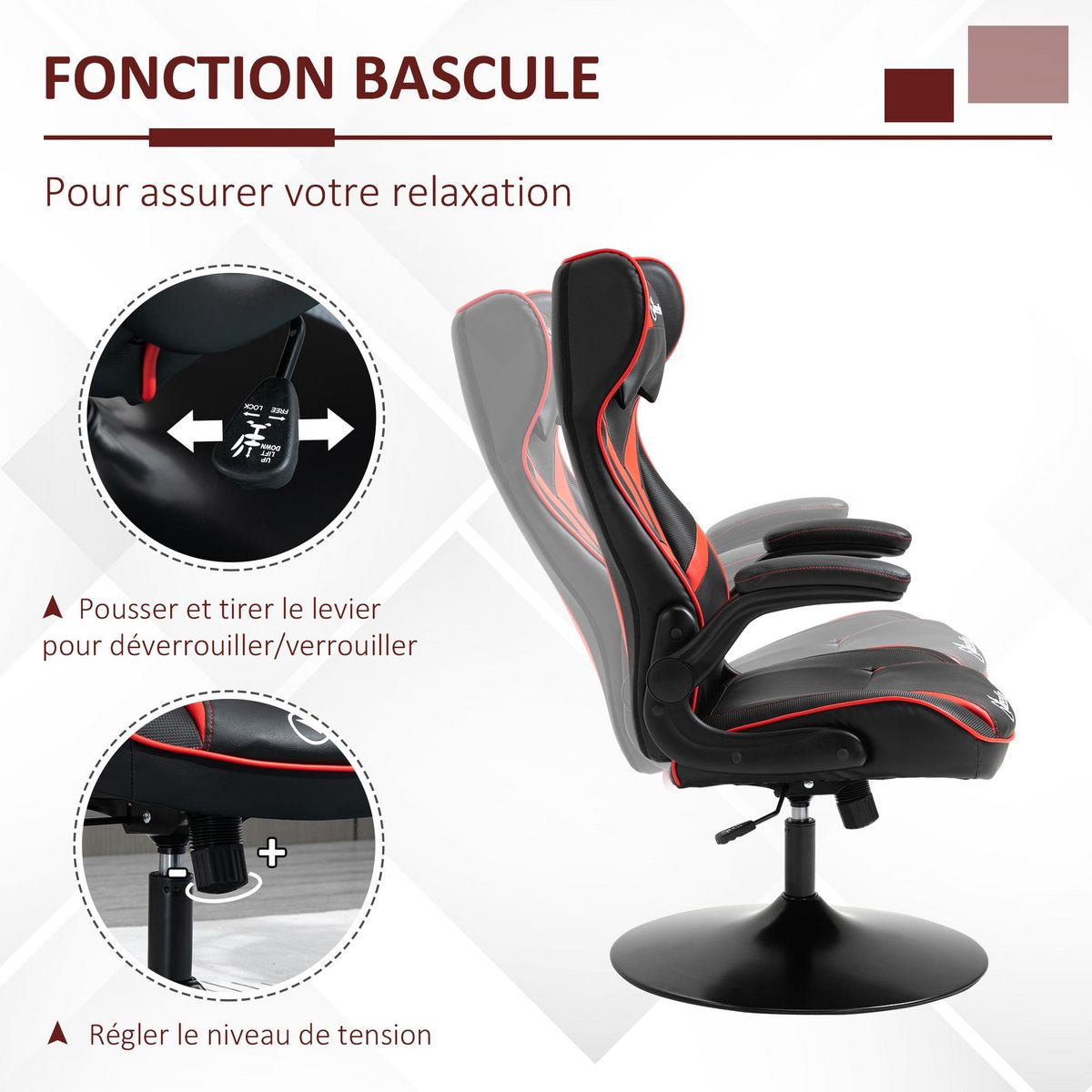 VINSETTO Fauteuil gaming base ronde métal pivotante 360° hauteur réglable tétière accoudoirs relevables PVC rouge noir