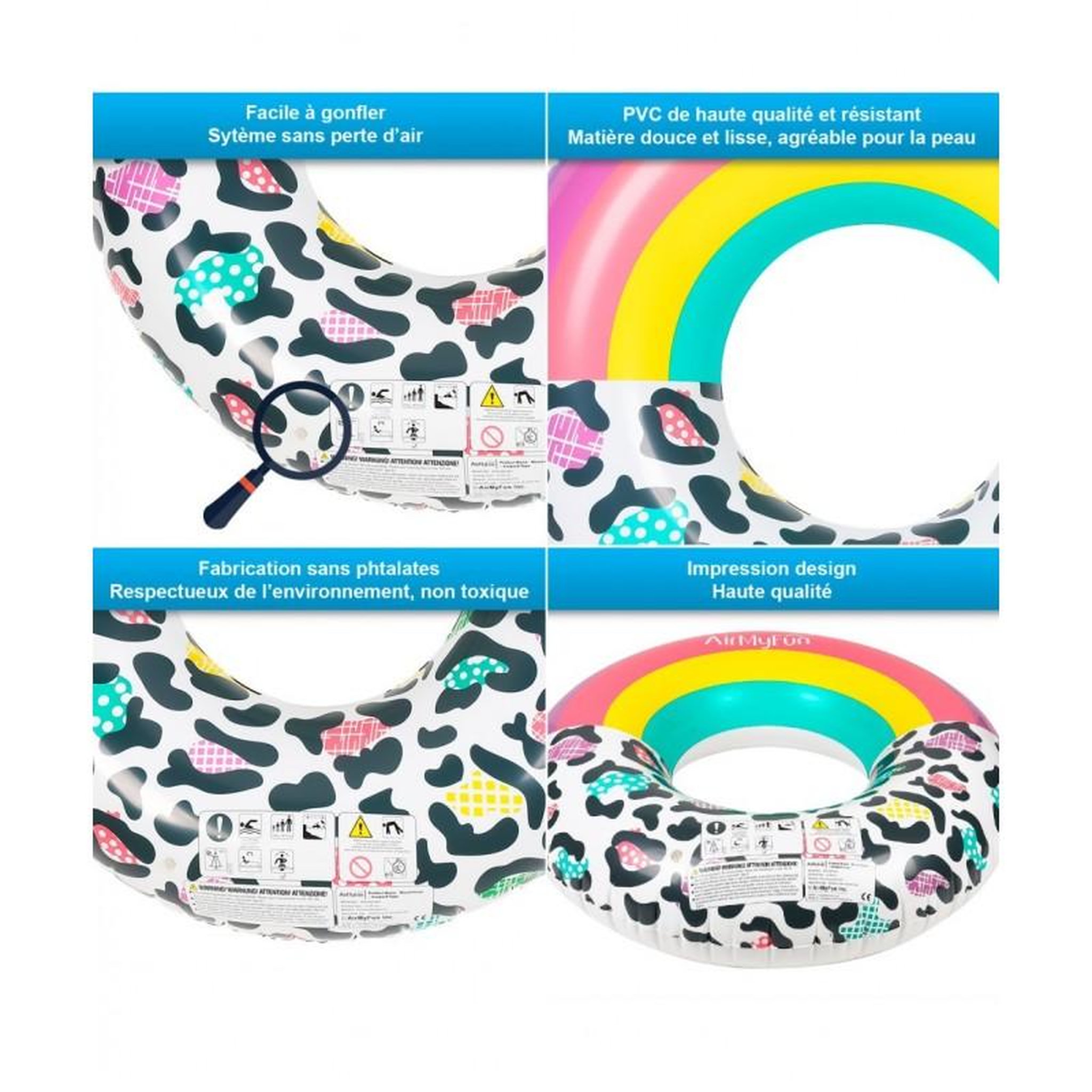 Voir la diapositive 3 : AIRMYFUN Pack 2 Bouées Gonflables Ronde XXL pour Piscine & Plage Ultra Confort, Flotteur Deluxe - Pack Twin Donut Leopard ø120cm