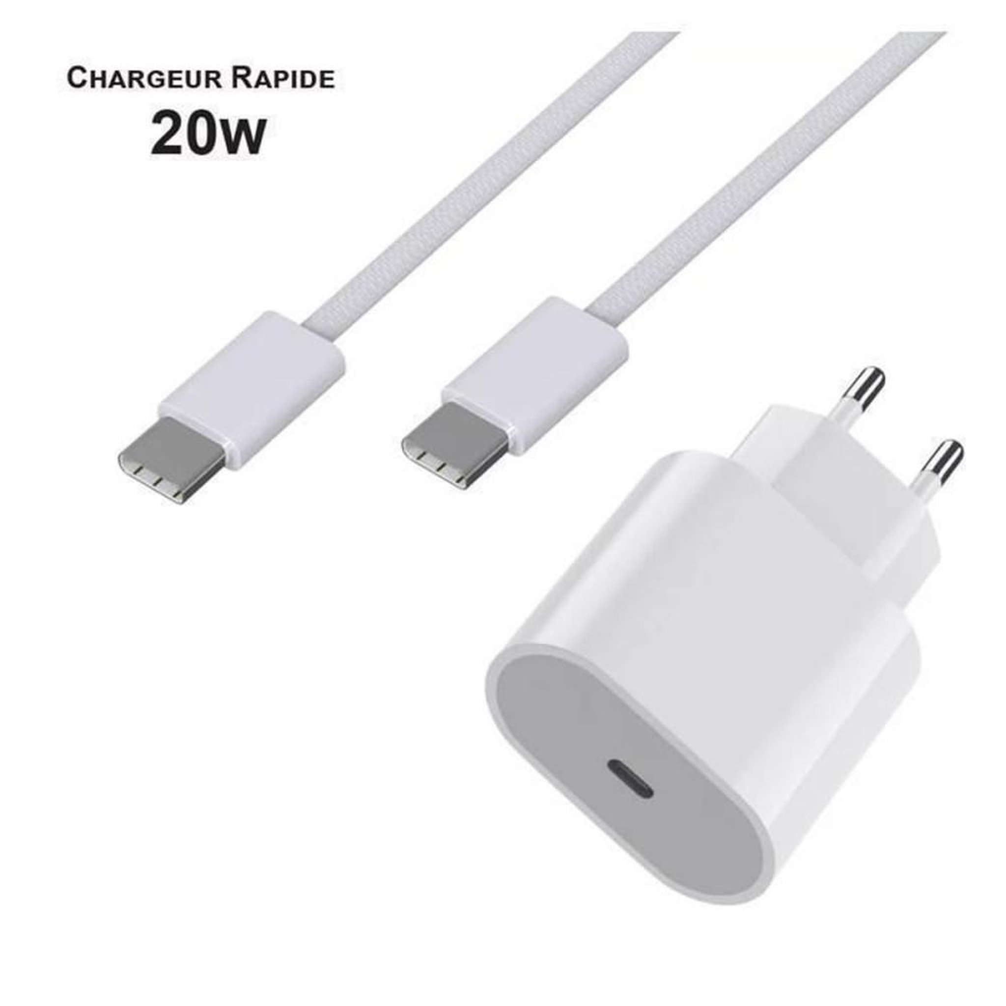 Chargeur secteur USB-C PD 20W avec câble USB-C vers USB-C 1 m, blanc