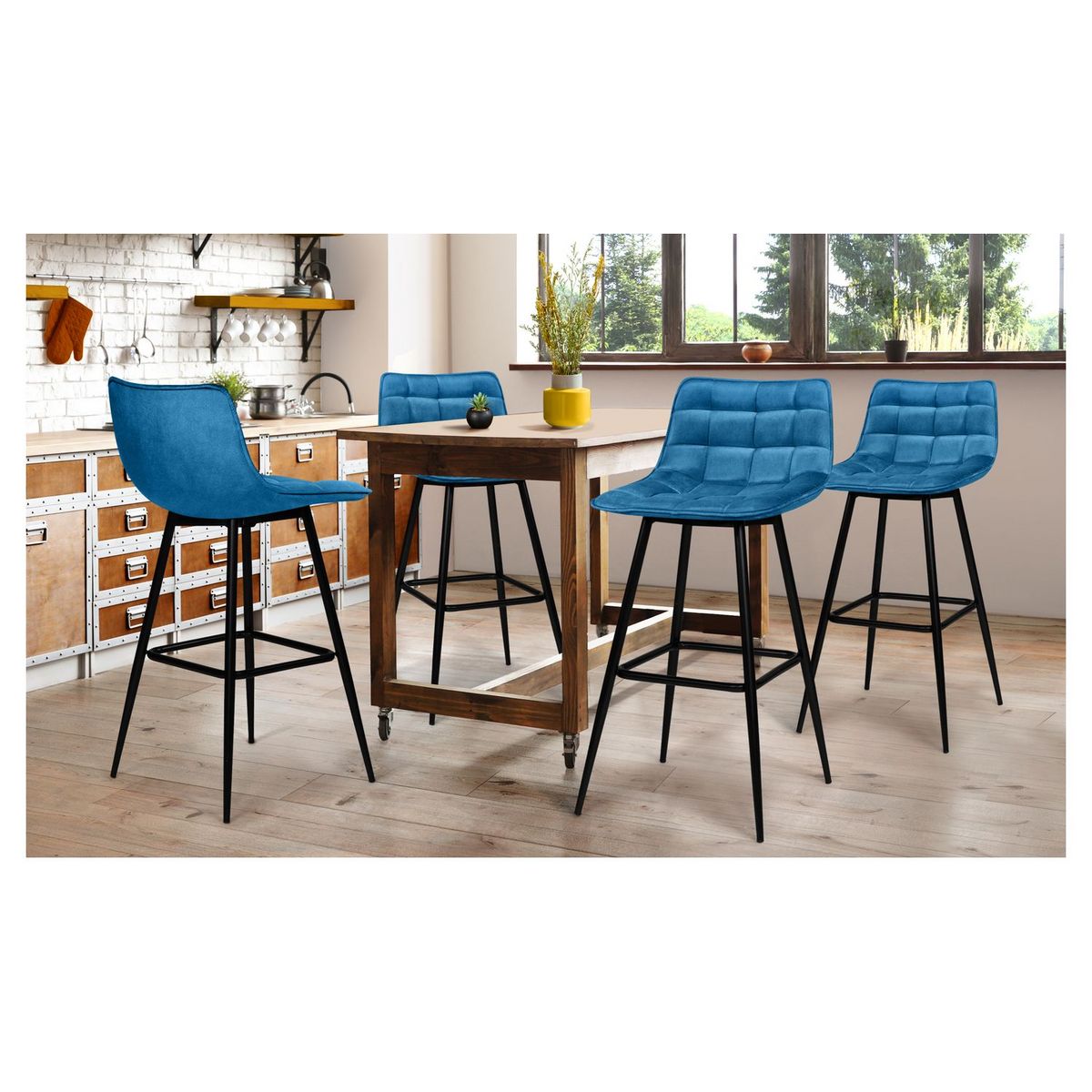 Lot de 4 tabourets chaises de bar assise velour pieds métal SIA