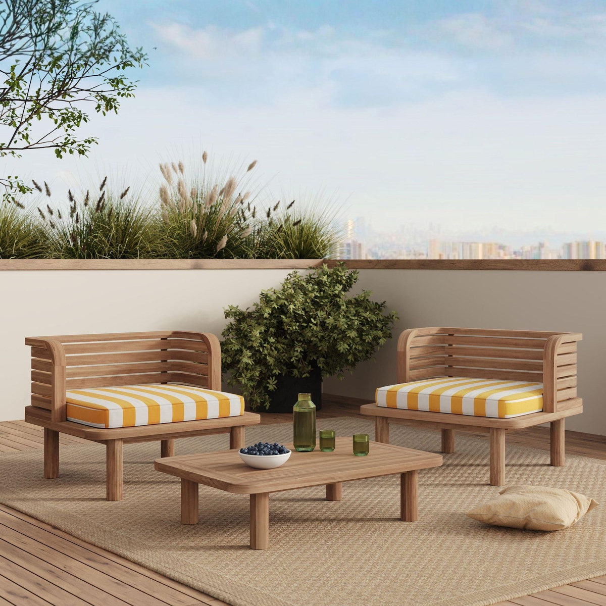 Rendez vous déco Salon de jardin 2 places en teck, tissu rayé jaune, 2 fauteuils-Kilda
