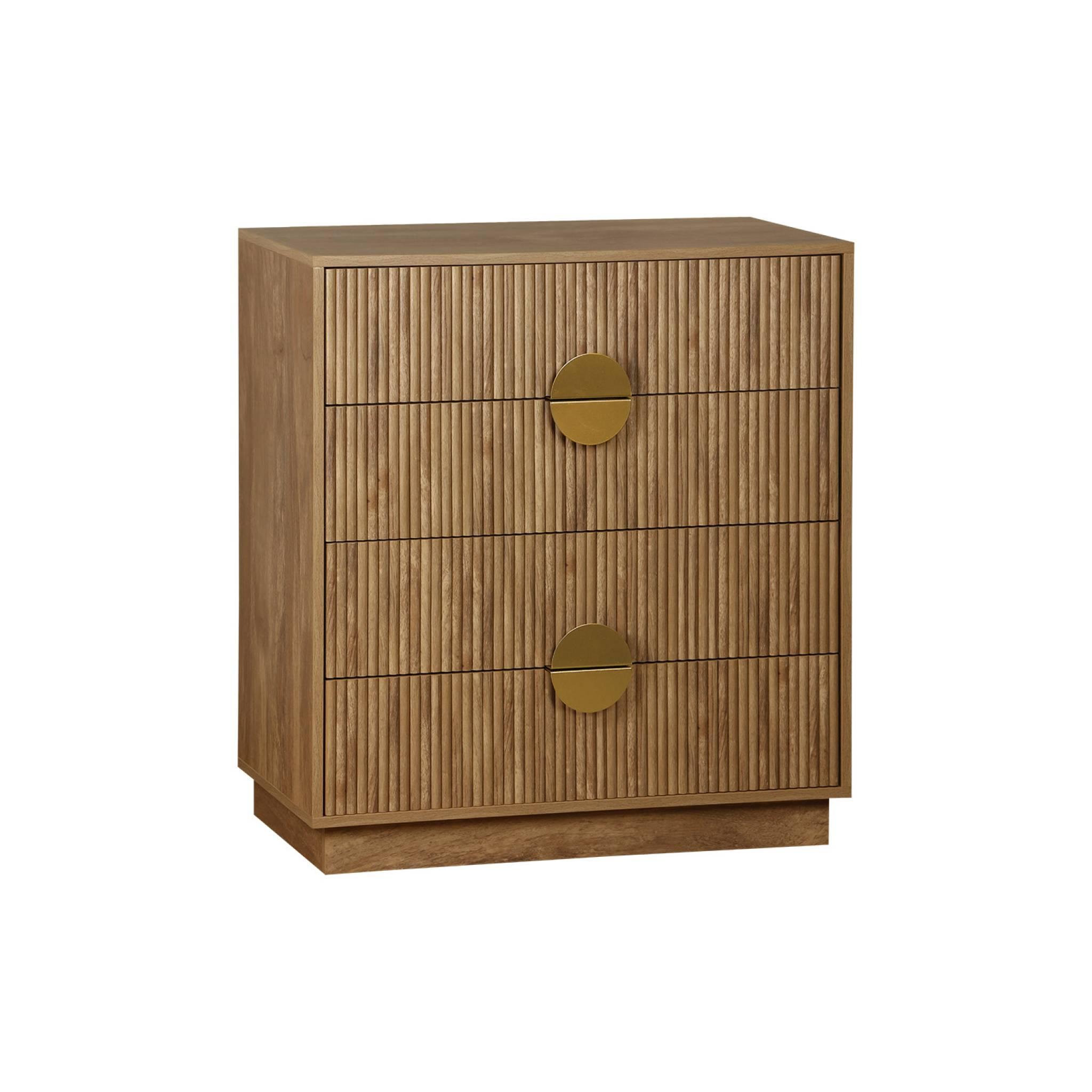 Voir la diapositive 1 : SWEEEK Commode 4 tiroirs décor bois de manguier rainuré. poignées en métal doré. L80 x P40 x H85cm