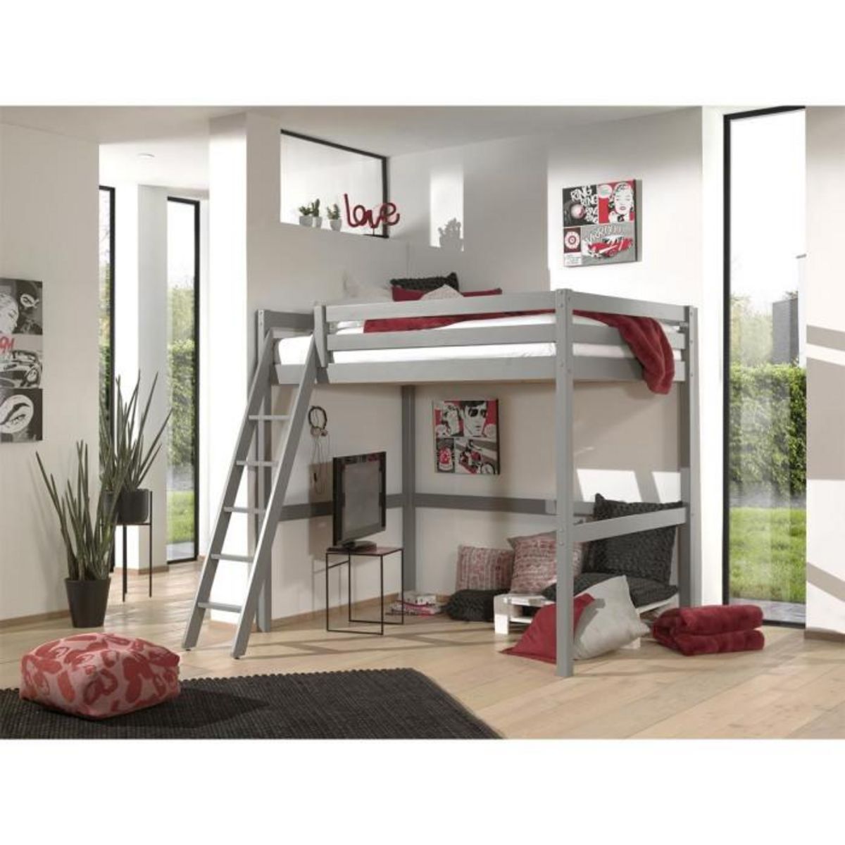 Paris Prix Lit Mezzanine  Pino  140x200cm Gris