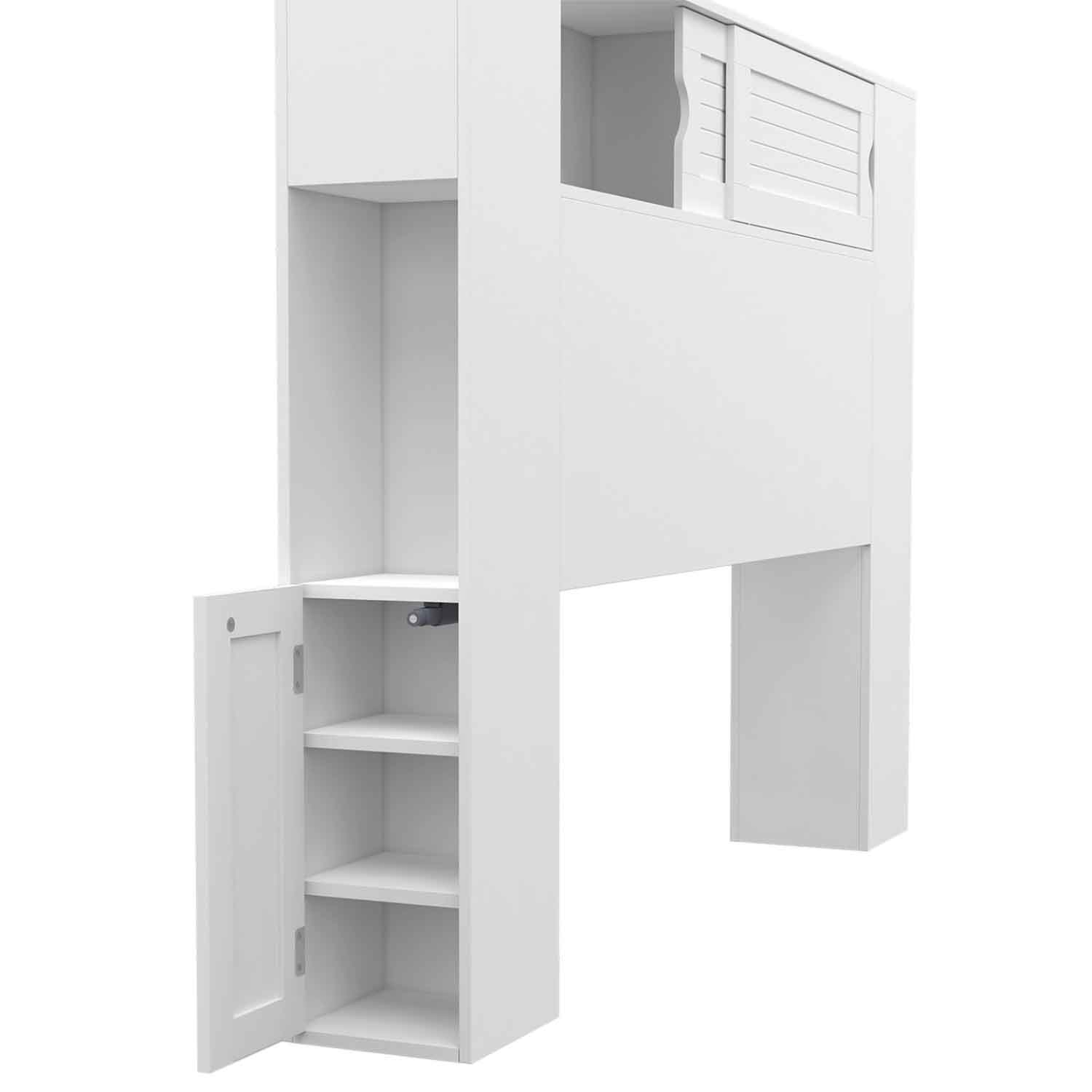 Voir la diapositive 5 : ID MARKET Tête de lit sur pied salem 145 cm avec rangements fermés et niches blanc