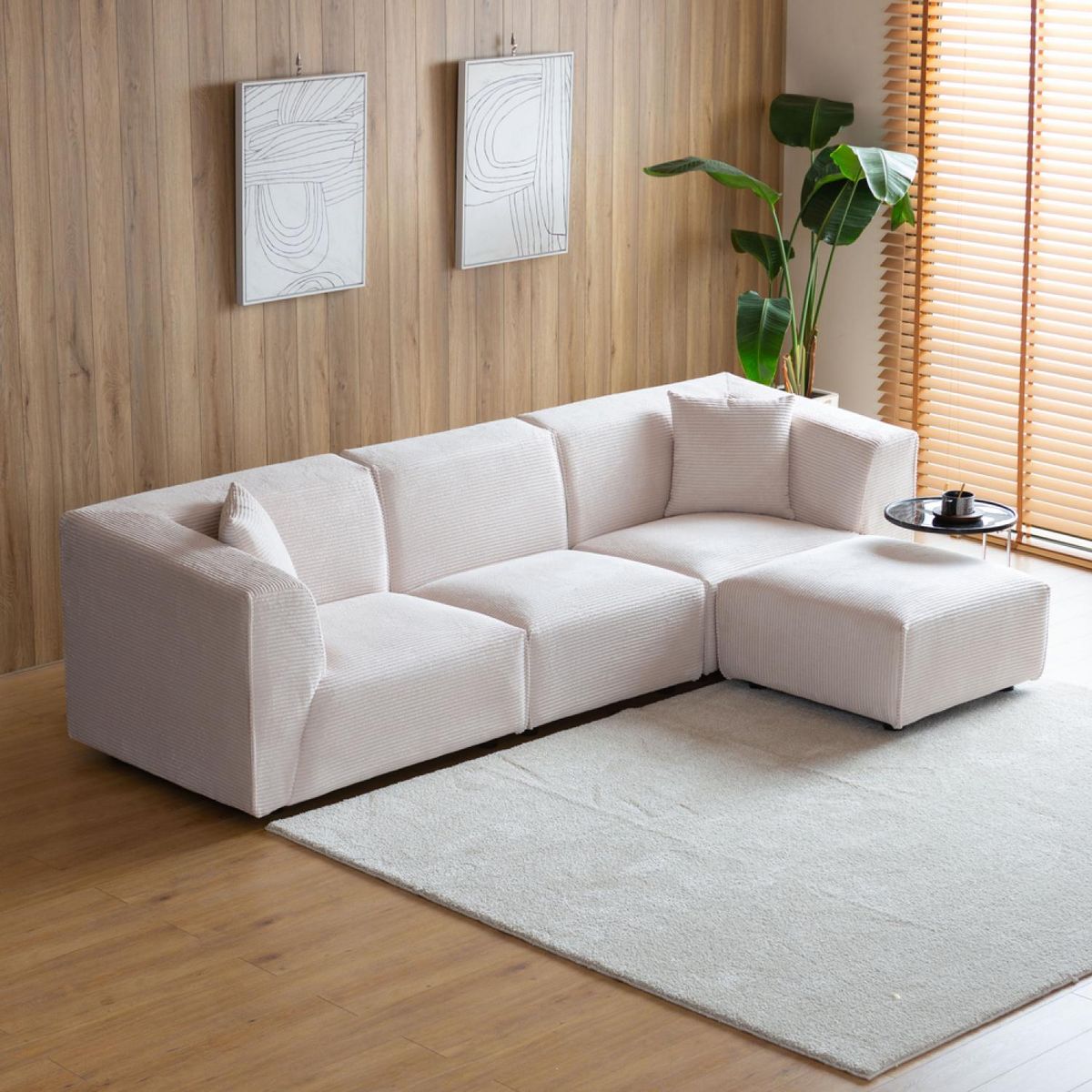 CONCEPT USINE Canapé modulable 3 places + 1 pouf velours côtelé beige MONROE