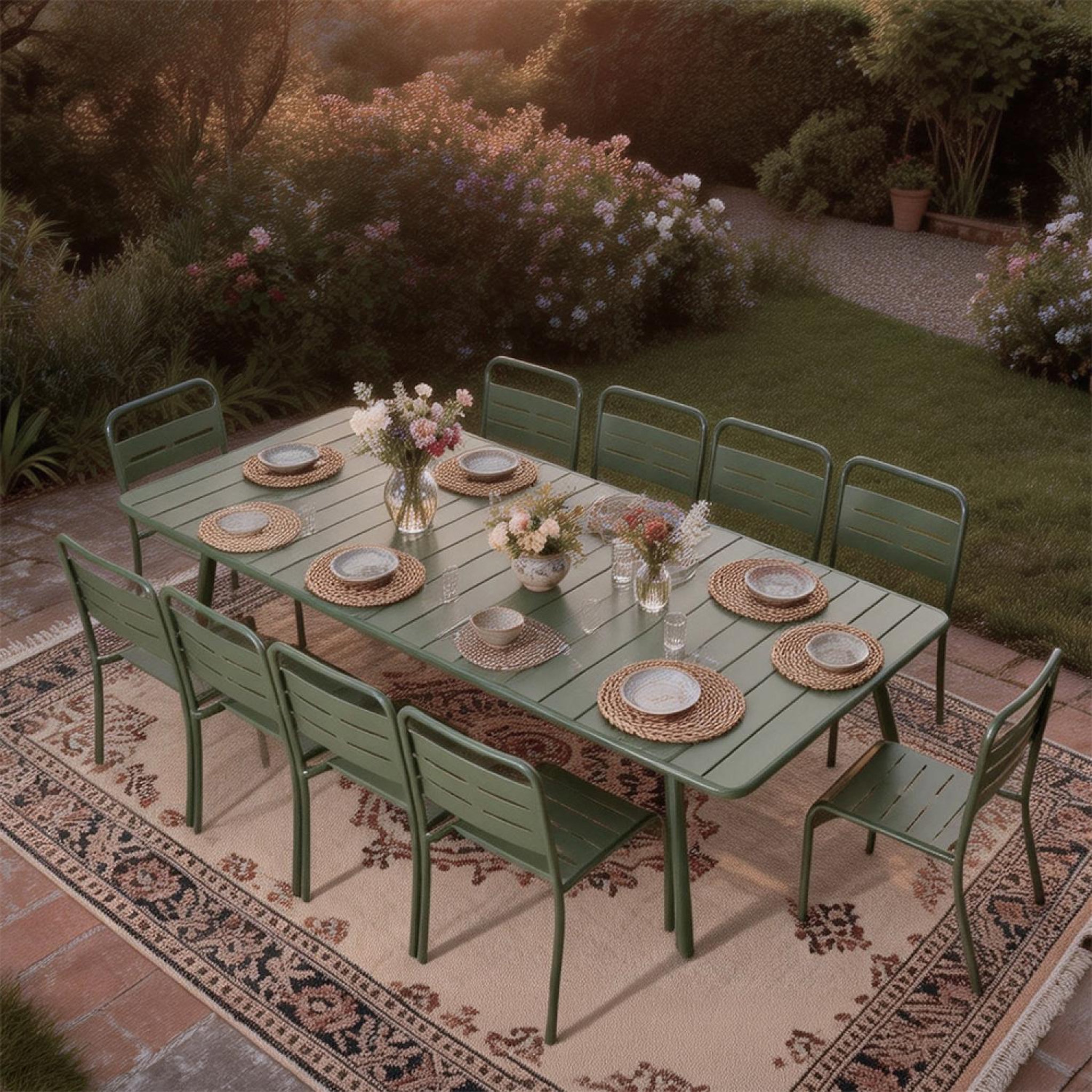 Voir la diapositive 5 : CONCEPT USINE Ensemble table de jardin 234 cm et 10 chaises vert bergame