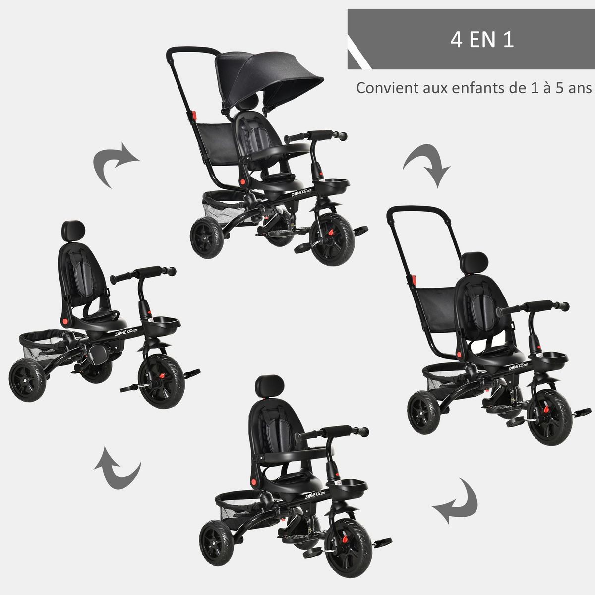HOMCOM Tricycle enfant évolutif pliable - pare-soleil, canne télescopique amovible - siège pivotant, harnais, arceau sécurité - repose-pied - 3 paniers rangement - métal PP noir