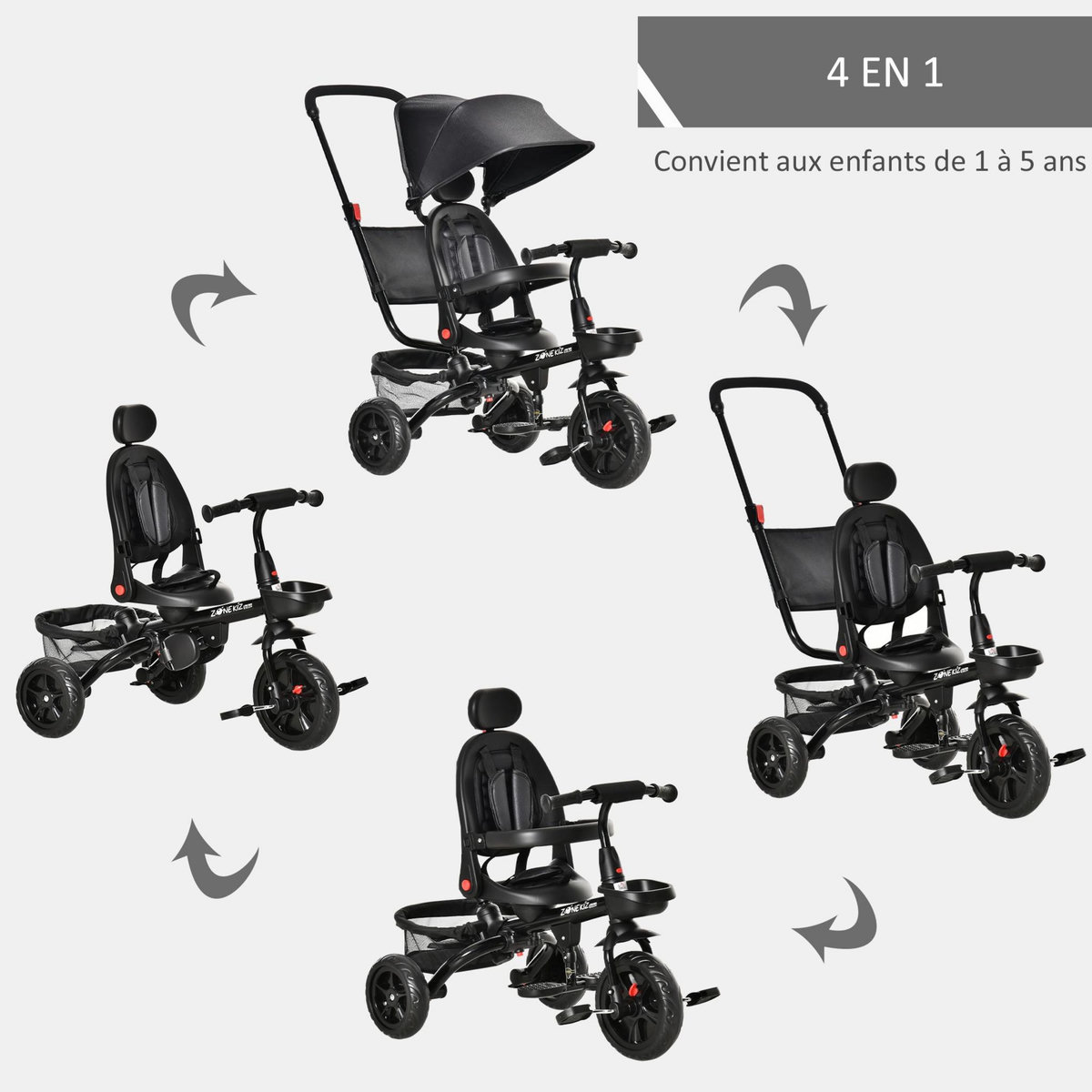 HOMCOM Tricycle enfant évolutif pliable - pare-soleil, canne télescopique amovible - siège pivotant, harnais, arceau sécurité - repose-pied - 3 paniers rangement - métal PP noir