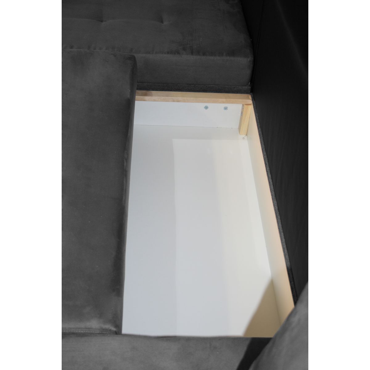 Canapé d'angle droit convertible panoramique 5 places tissu simili avec coffre MAGNUS