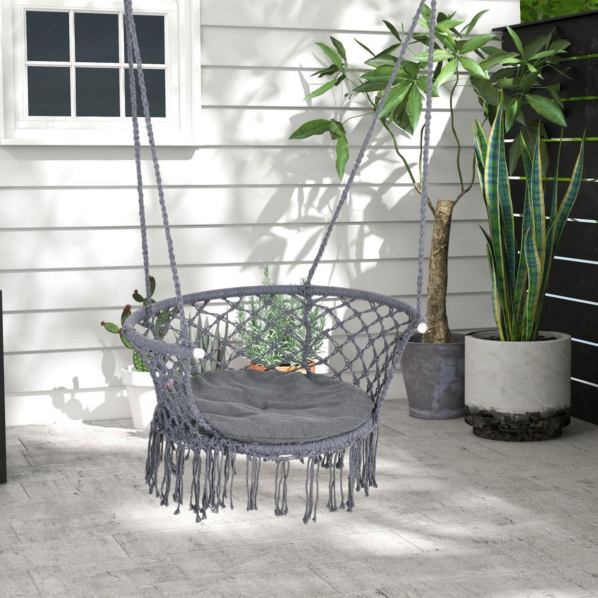 OUTSUNNY Chaise suspendue hamac de voyage portable dim. 80L x 60l x 36H m macramé coton polyester gris