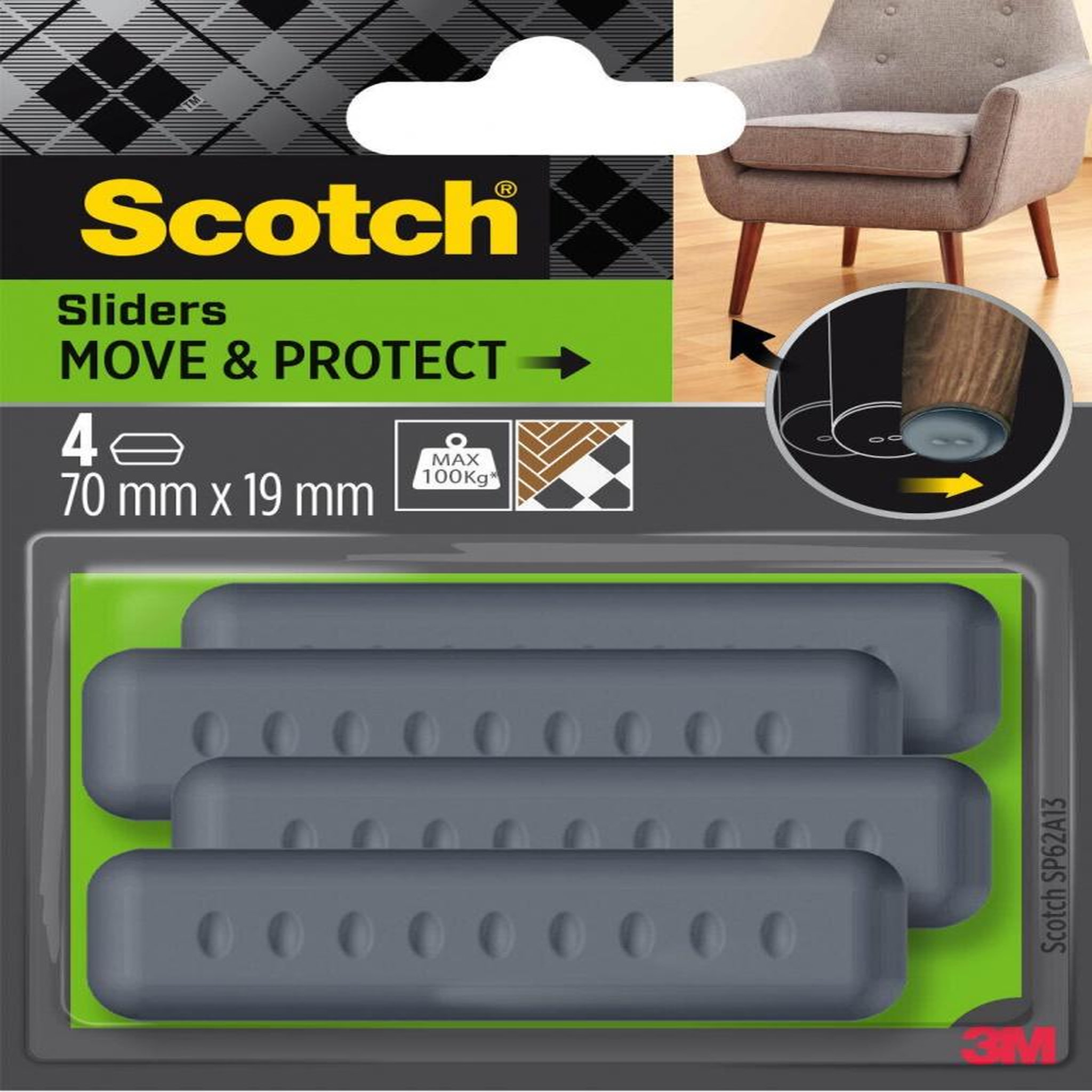 CENTRALE BRICO Lot de 4 patins de pied de meuble en polypropylène adhésif SCOTCH l.19 x 70 mm
