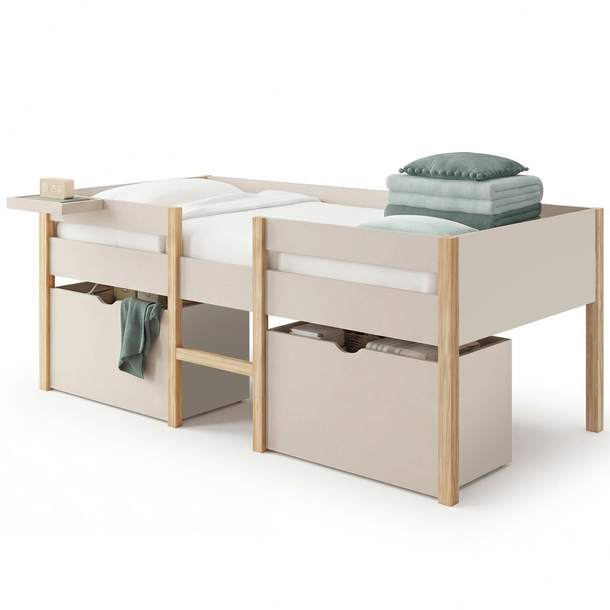 ID MARKET Lit simple surélevé mi-hauteur 90 x 190 cm SERVANE avec sommier, barrières, 2 tiroirs de rangement et tablette beige et bois