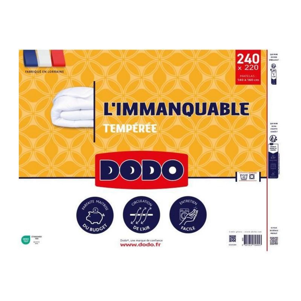 DODO DODO - Couette tempérée 250G/m² - L'IMMANQUABLE - 220 x 240 cm - Blanc