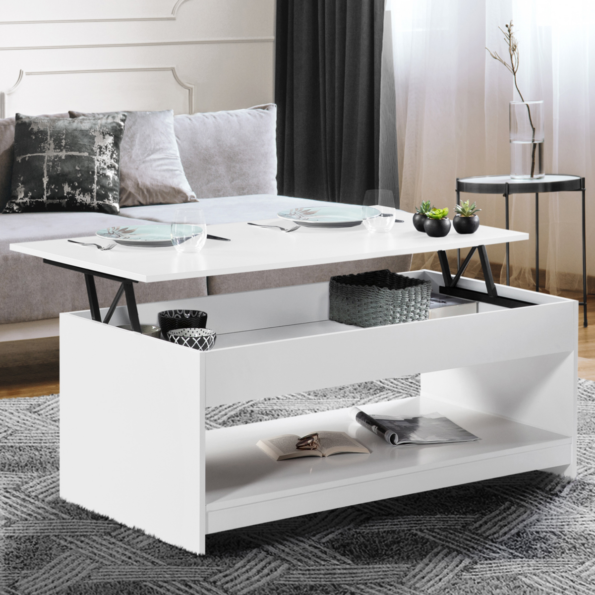 ID MARKET Table basse rectangulaire plateau relevable SOA bois blanc