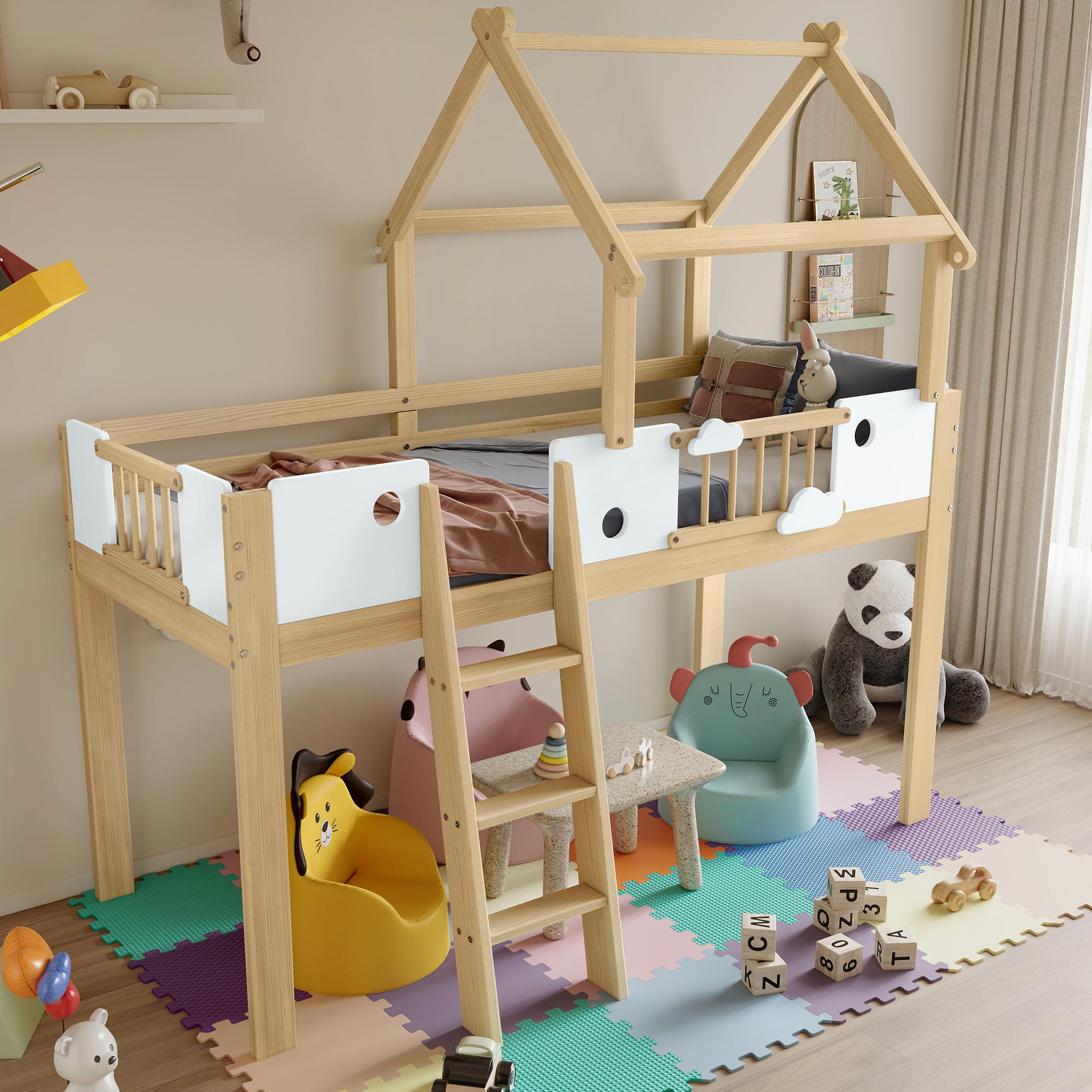 Voir la diapositive 5 : MERAX Lit combiné enfant 90x200cm coloris naturel+blanc pin et mdf
