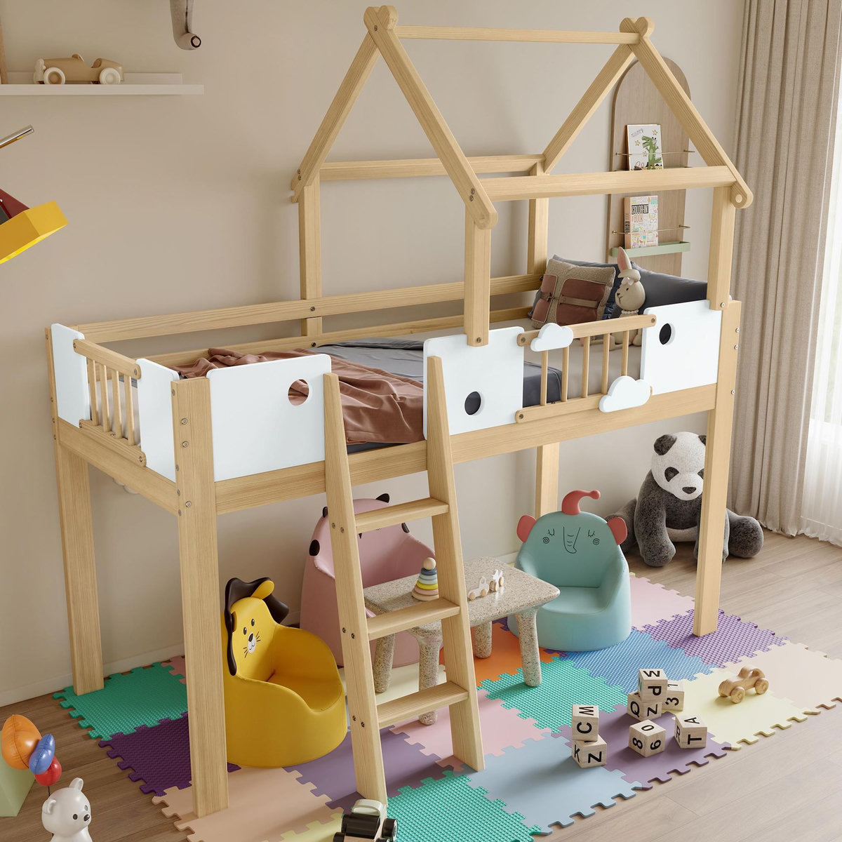 MERAX Lit combiné enfant 90x200cm coloris naturel+blanc pin et mdf