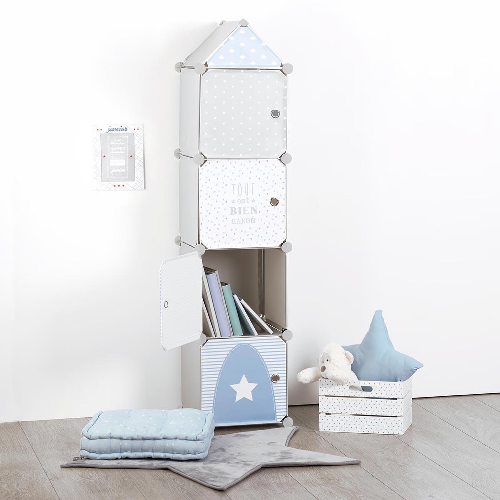 Voir la diapositive 5 : Atmosphera Kids Colonne de rangement  château  140cm gris & bleu