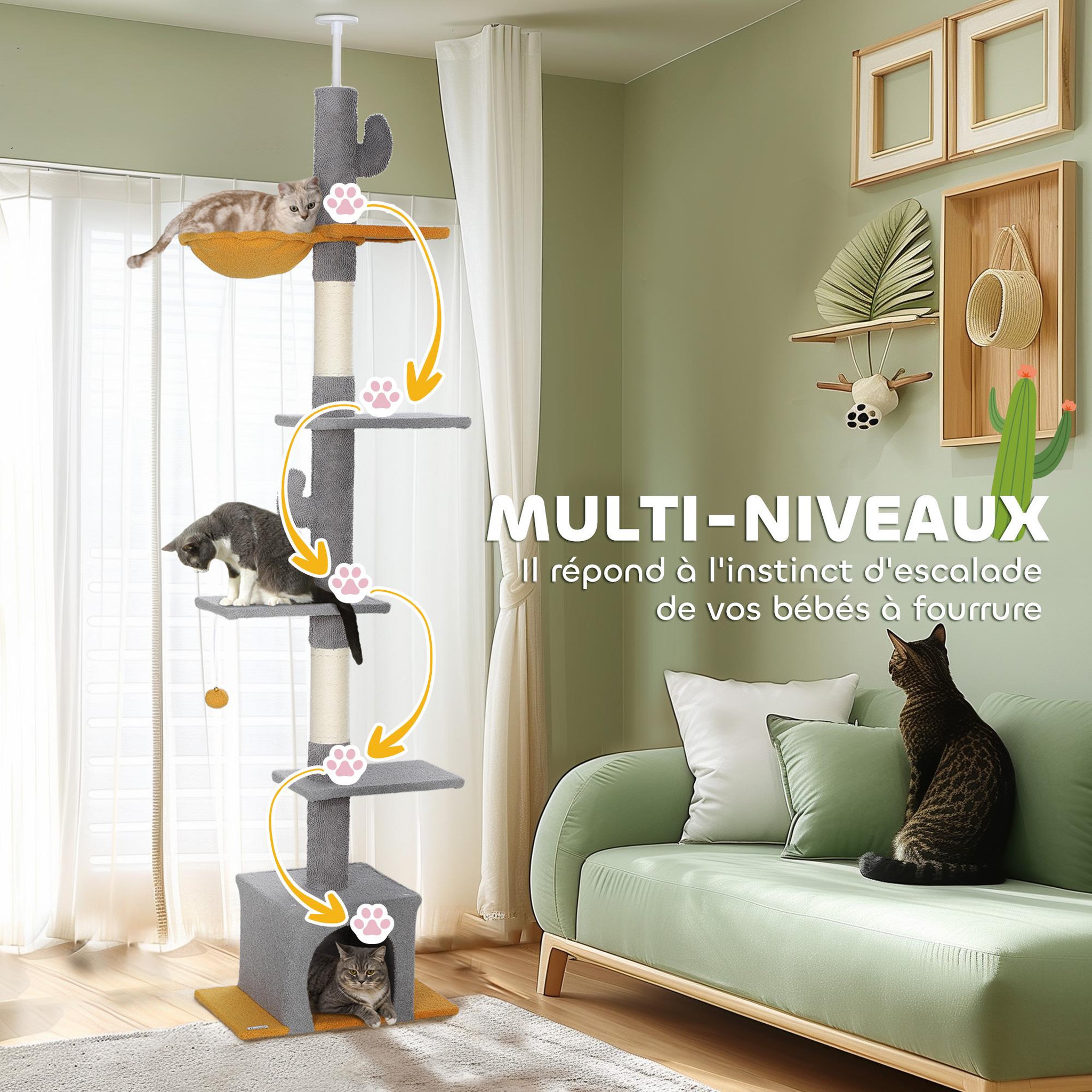 Voir la diapositive 6 : PAWHUT Arbre à chat cactus du sol au plafond - h. Réglable 230-275 cm - 6 niv. Équipement multiple - gris