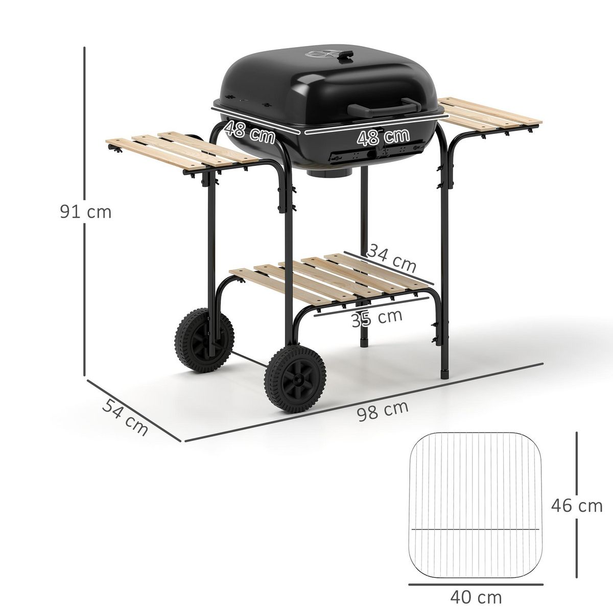 OUTSUNNY Barbecue charbon de bois avec couvercle 2 roues 3 étagères grilles acier chromée