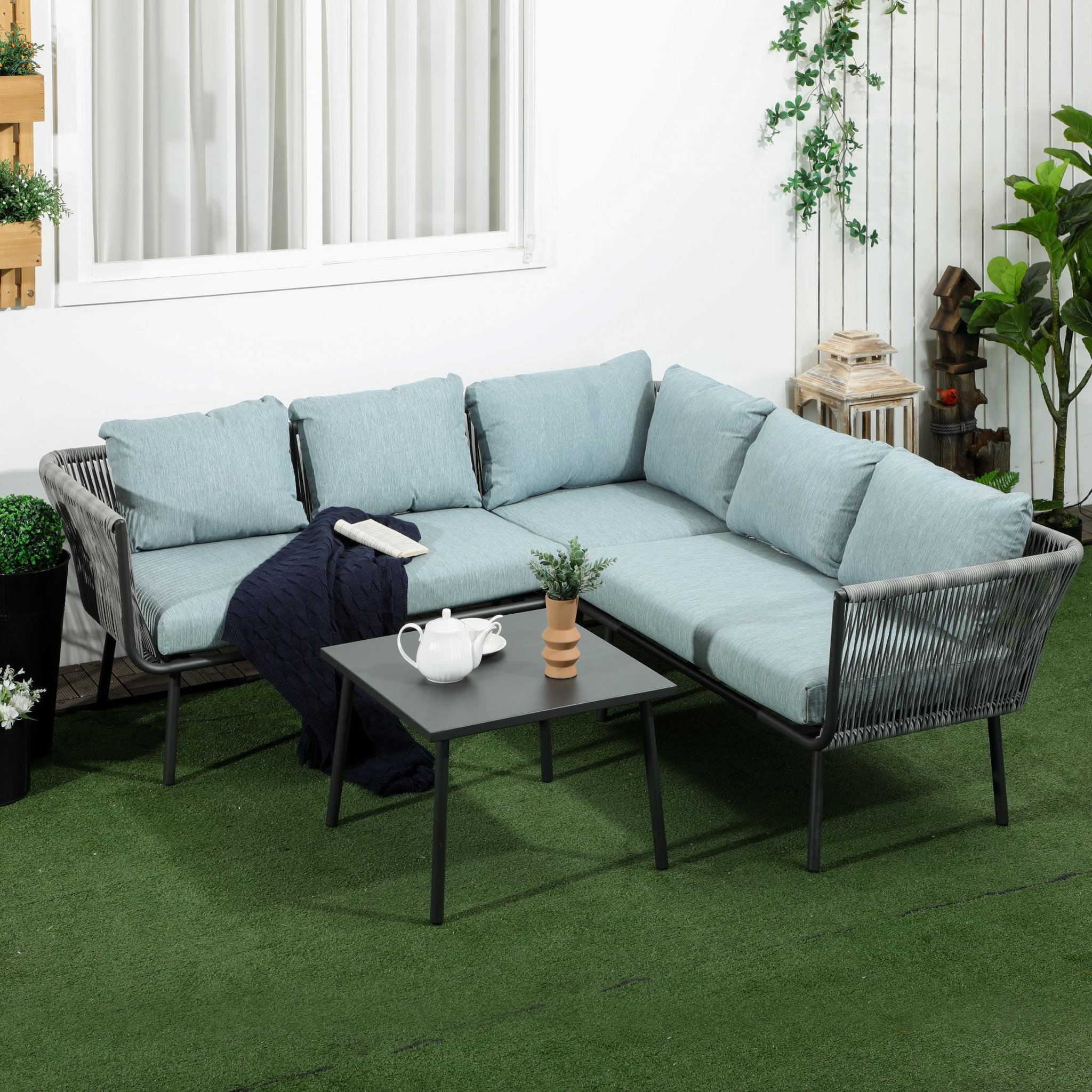 Voir la diapositive 2 : OUTSUNNY Salon de jardin d'angle 5 places 4 pièces coussins inclus alu. Résine tressée gris