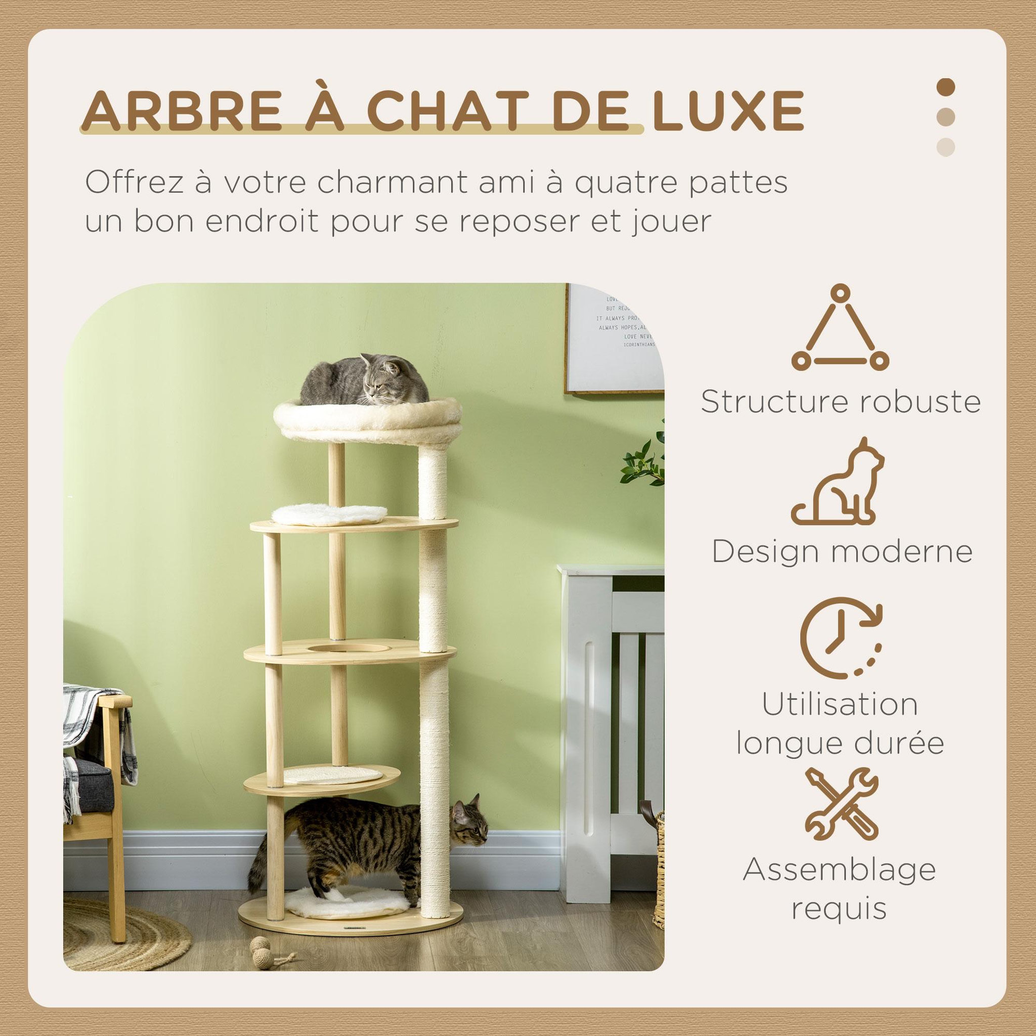 Voir la diapositive 4 : PAWHUT Arbre à chat style nordique griffoir sisal naturel 4 plateformes coussins panier d'observation amovible bois pin panneaux bois clair