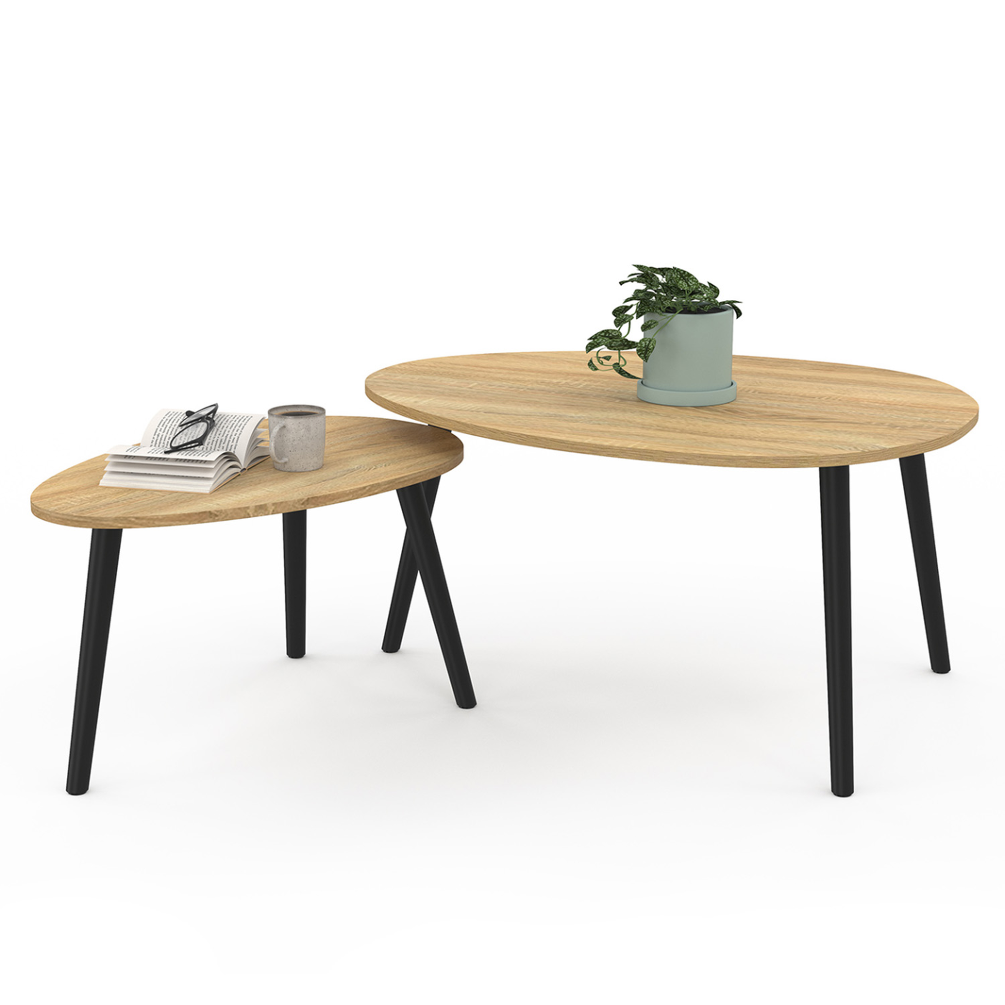 ID MARKET Lot de 2 tables basses gigognes gaia bois et pieds noirs scandinave