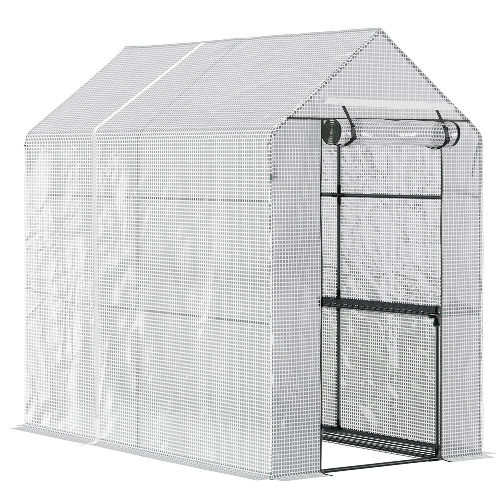 OUTSUNNY Serre de jardin 2 tablettes dim. 1,86l x 1,2l x 1,9h m porte déroulante acier pe haute densité 140 g/m² transparent blanc