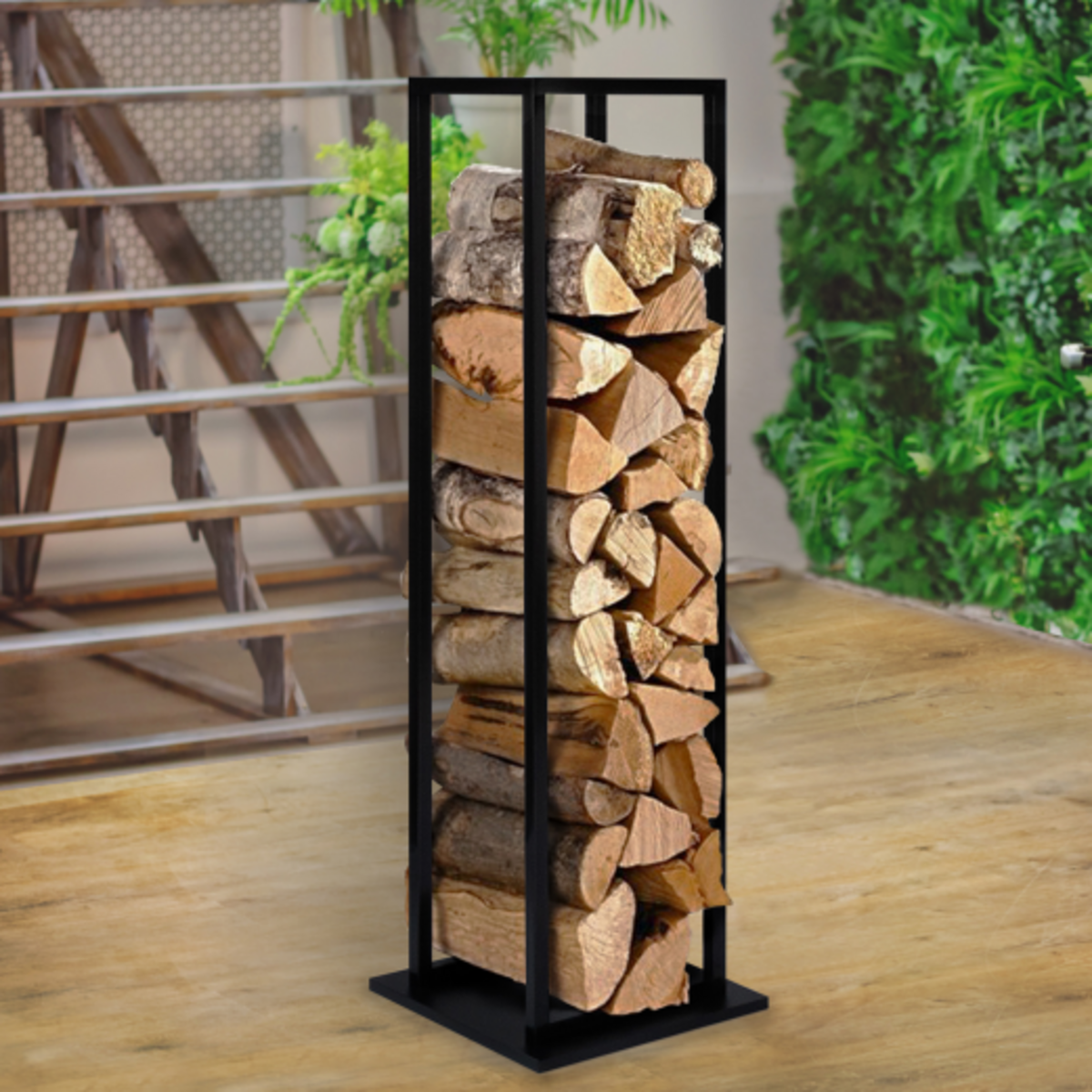ID MARKET Range bûches vertical acier noir avec étagère H.112 CM pour cheminée