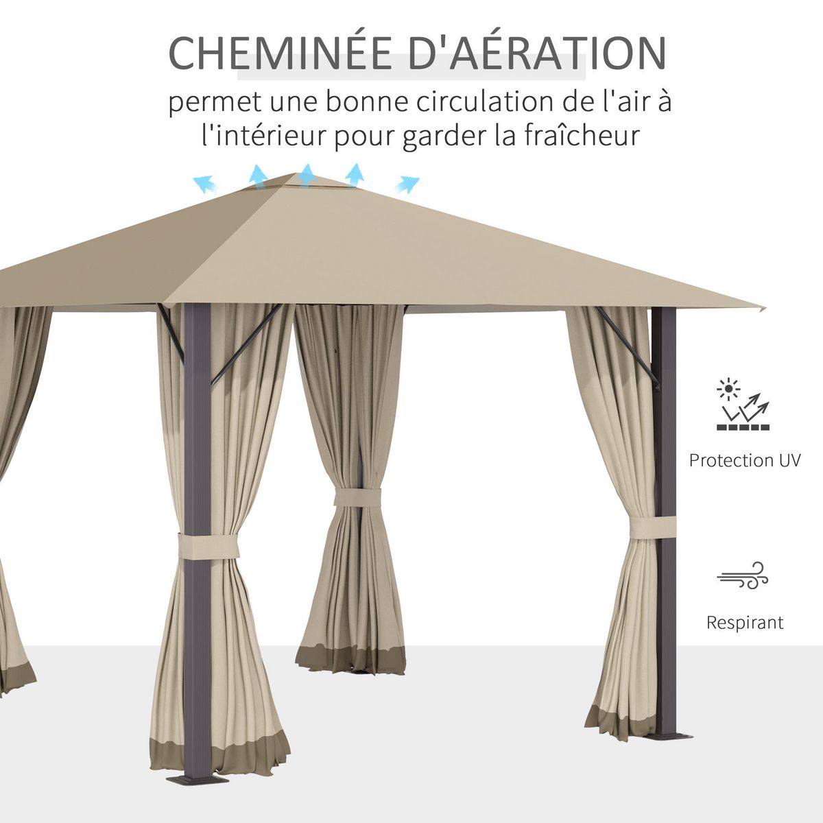 OUTSUNNY Tonnelle barnum de jardin 2,97L x 2,97l m avec 4 parois latérales amovibles - toit avec évent - porte zippée - armature aluminium et acier - beige