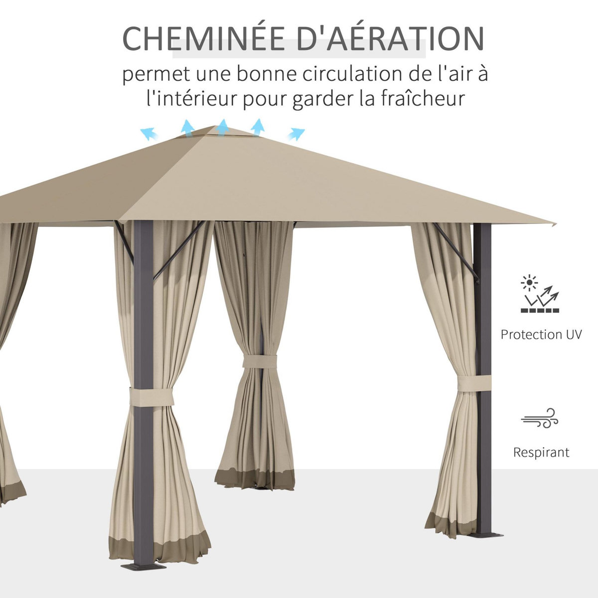 OUTSUNNY Tonnelle barnum de jardin 2,97L x 2,97l m avec 4 parois latérales amovibles - toit avec évent - porte zippée - armature aluminium et acier - beige