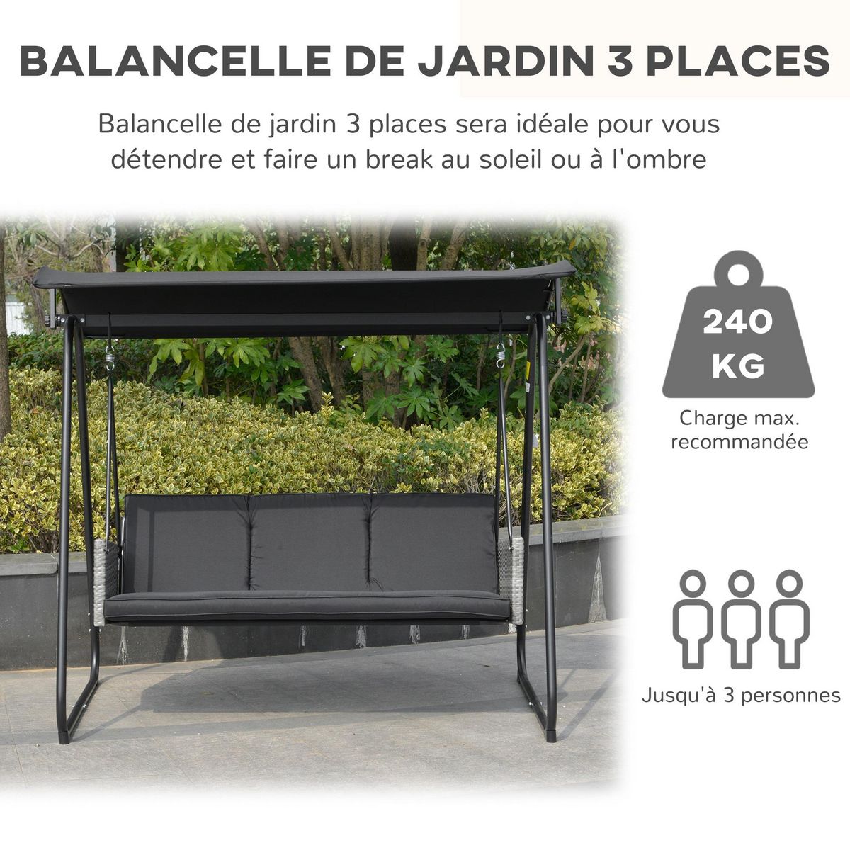 OUTSUNNY Balancelle de jardin 3 places auvent inclinaison réglable coussins assise et dossier résine tressée grise acier époxy polyester noir