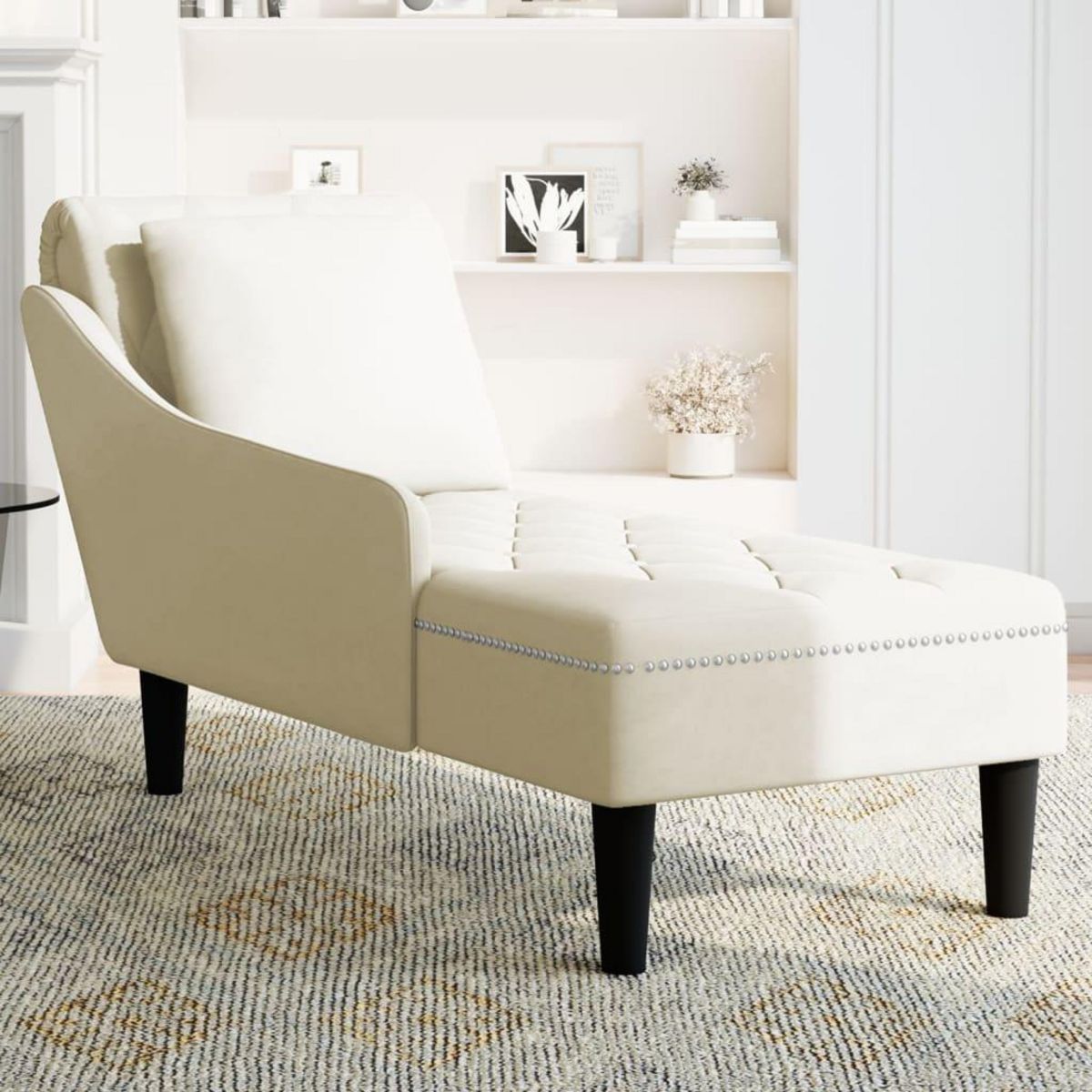 VIDAXL Fauteuil long avec coussin et accoudoir droit creme velours