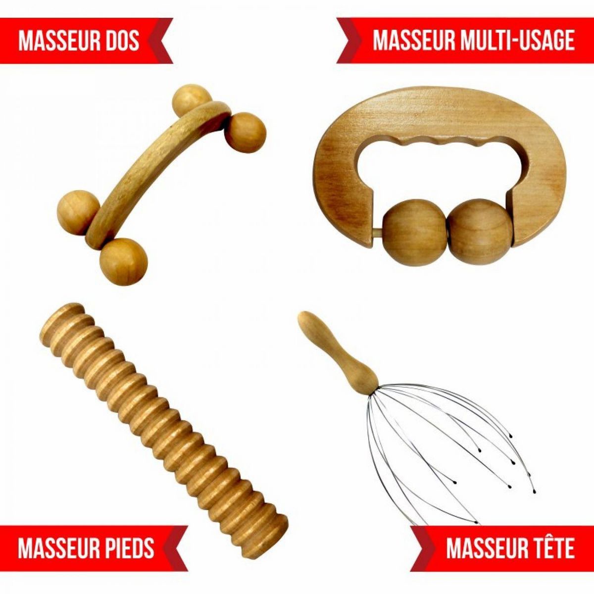 VIVEZEN Kit de massage 4 pièces, rouleau en bois pour le dos, la tête, les pieds et multi-usage