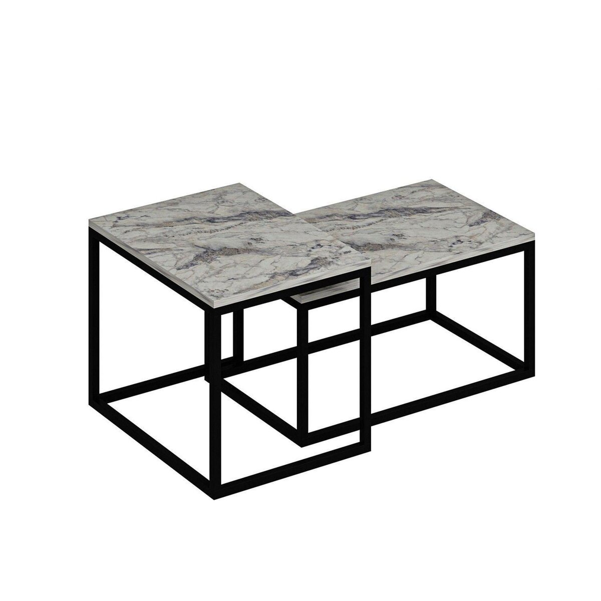 TOILINUX Duo de tables basses encastrables effet marbre - Blanc et noir