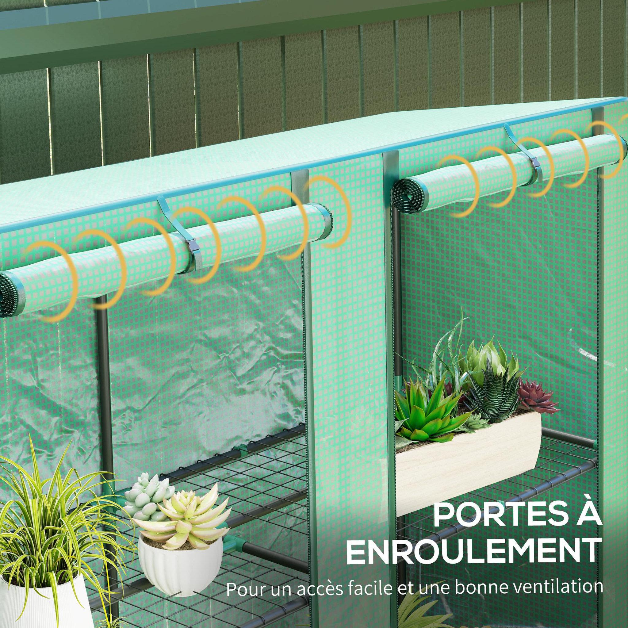Voir la diapositive 6 : OUTSUNNY Serre de jardin balcon avec étagères métalliques 3 niveaux 2 portes acier noir pe vert