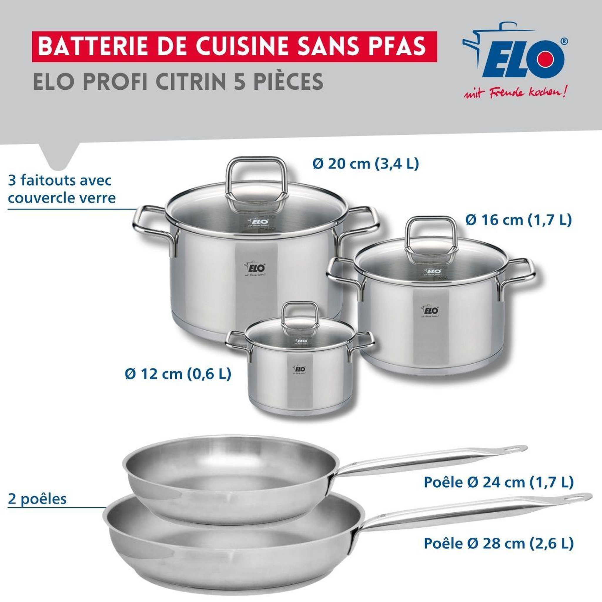 Voir la diapositive 2 : ELO Set de 2 poêles de cuisson 24 et 28 cm et 3 faitouts 12, 16 et 20 cm elo profi citrin
